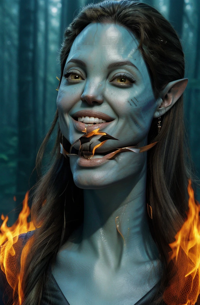 Dramatic portrait of ((Angelina Jolie)) as a naavi woman smiling , blue skin, alien, pointy ears, freckles, yellow eyes, forest fire background,