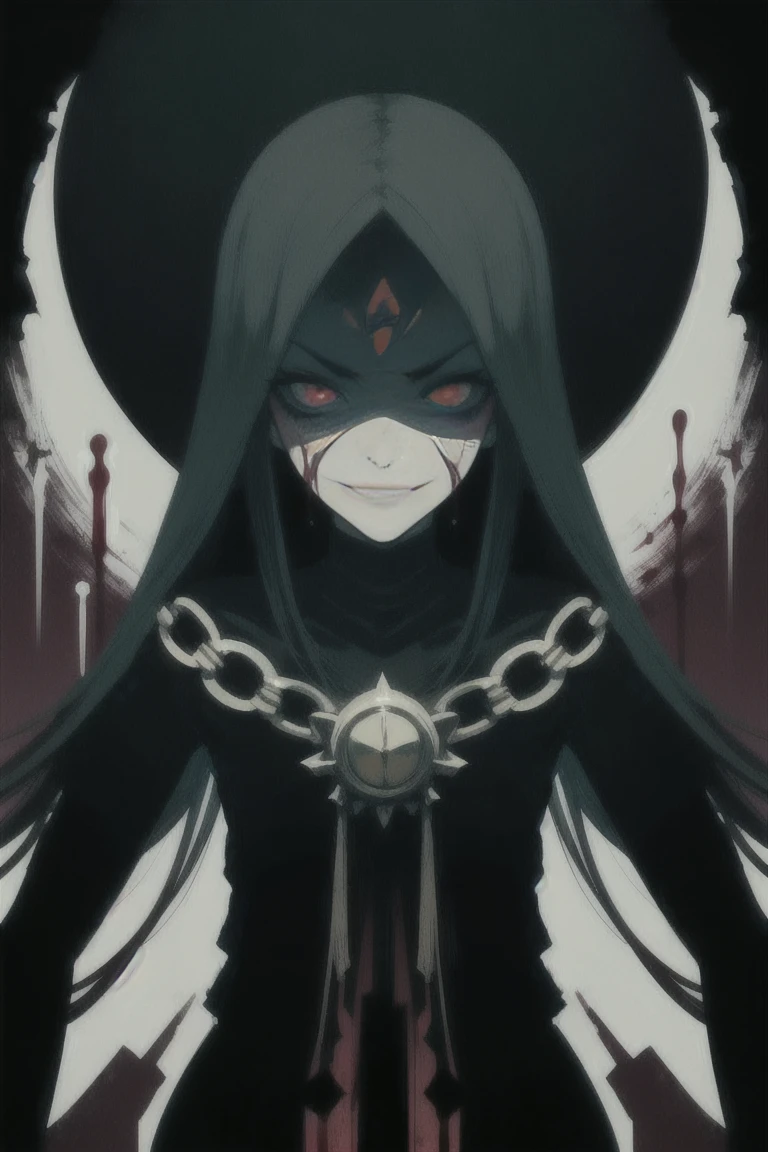 Dark, Creepy, 1,000 Year , angel, low dim lighting, dark chamber, smirk, blood on her face, cultist markings,