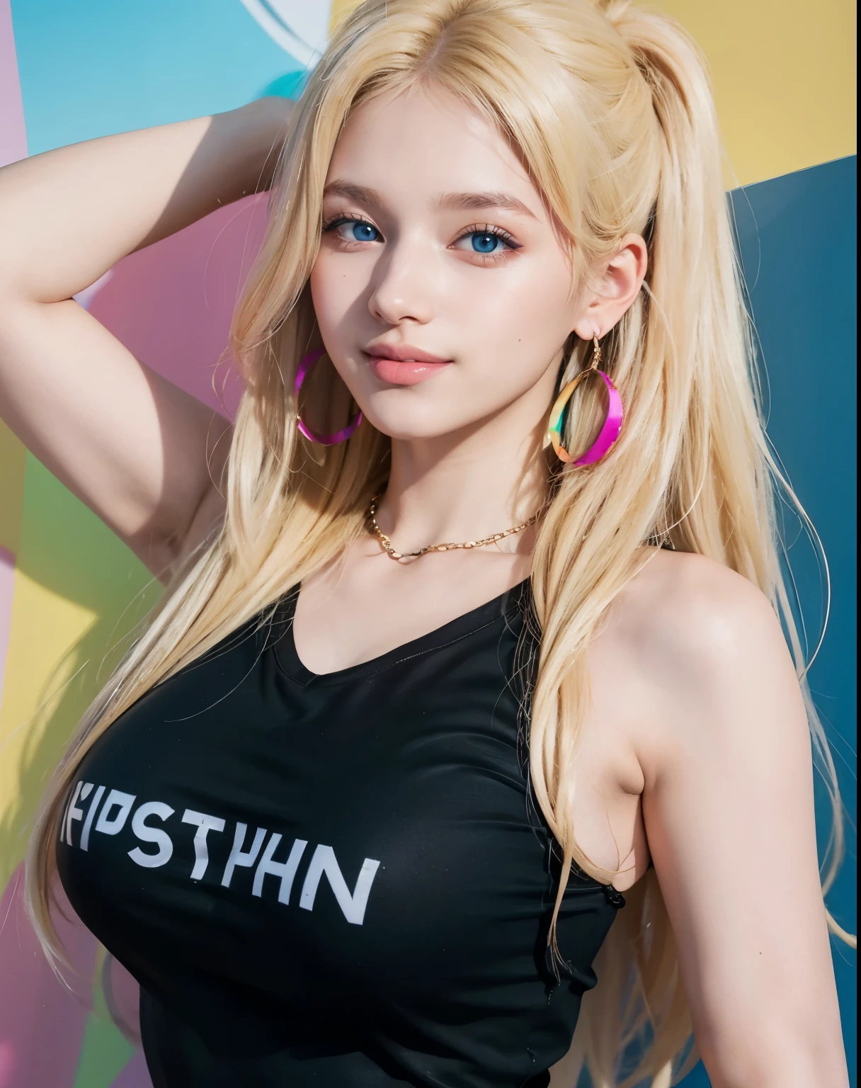 1girl, (Blue eyes), (smiling :1.2), (Sana Minatozaki), wide hips, Big tits :1.2, big ass, (Best Quality, 8k, Masterpiece: 1.3), Clear Focus: 1.2, Perfect Body Beauty: 1.4, Highly detailed face and skin texture, detailed eyes, double eyelids, (blonde long straight hair :1.2), dressed stylishly, cleavage Black T-shirt, statement earrings, jewelry, wearing a colorful sunglasses, Upper body shot, background: colorful rainbow wall, Cool