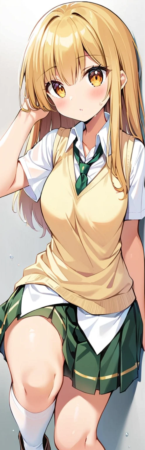 (obra maestra, Mejor calidad:1.2), 1 chica, solo,de pie_dividir, 
Mikan Yuuki, Brown eyes, By the chestnut, adorno para el pelo,pelo largo,falda a cuadros verde, uniforme de secundaria sainan, , Camisa blanca, yellow sweater vest,sin bragas

