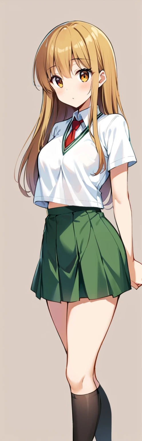 (masterpiece, highest quality:1.2), One girl, alone,Are standing_Split, (masterpiece,best quality:1.4),(8k,raw photo,photo realistic:1.2),shiny skin,detailed skin,detailed face,detailed eyes,1girl,Japanese idol,Beautiful face food Yuuki, Brown eyes, brown hair, hair ornaments,Long Hair,green plaid skirt, Sainan High , , White shirt, Yellow sweater vest,No panties、Lower body naked、Pussy、Pussy