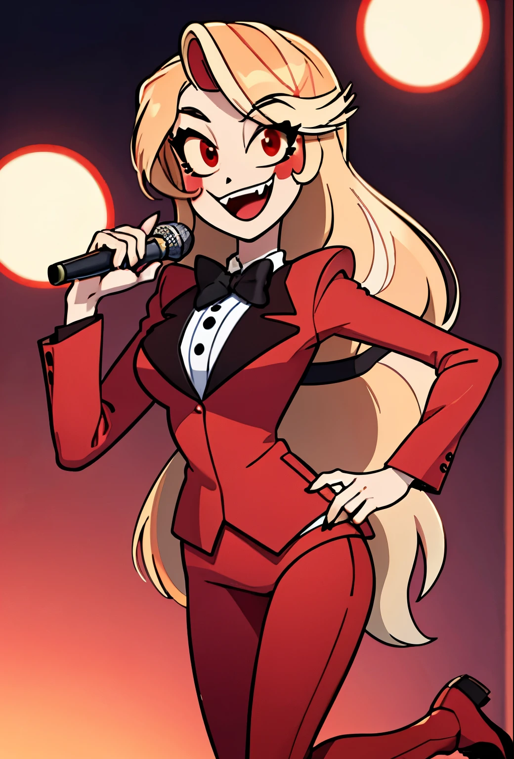 (masterpiece, best quality:1.2), cowboy shot, solo, 1girl, charlie morningstar, \:d, looking at viewer, long hair, red suit, red pants, mature women, red eyes, black bow tie, black shoes, fang tooth, sexy, singing