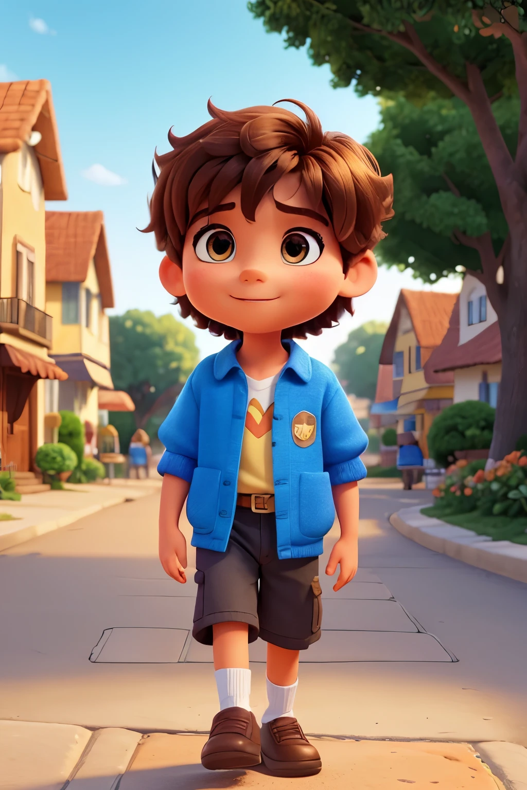 Describe a charming scenario of an 8--old , with eyes shining with admiration, walking on the sidewalk em uma pequena vila. The golden light of the sunset illuminates the path before you, while the elongated shadows of the houses stretch across the sidewalk. O menino, com suas roupas coloridas, looks like it came straight out of a Disney Pixar animation, with soft lines and vibrant colors that make you part of a magical world. A tela widescreen 16:9 permite capturar todos os detalhes, desde as flores coloridas