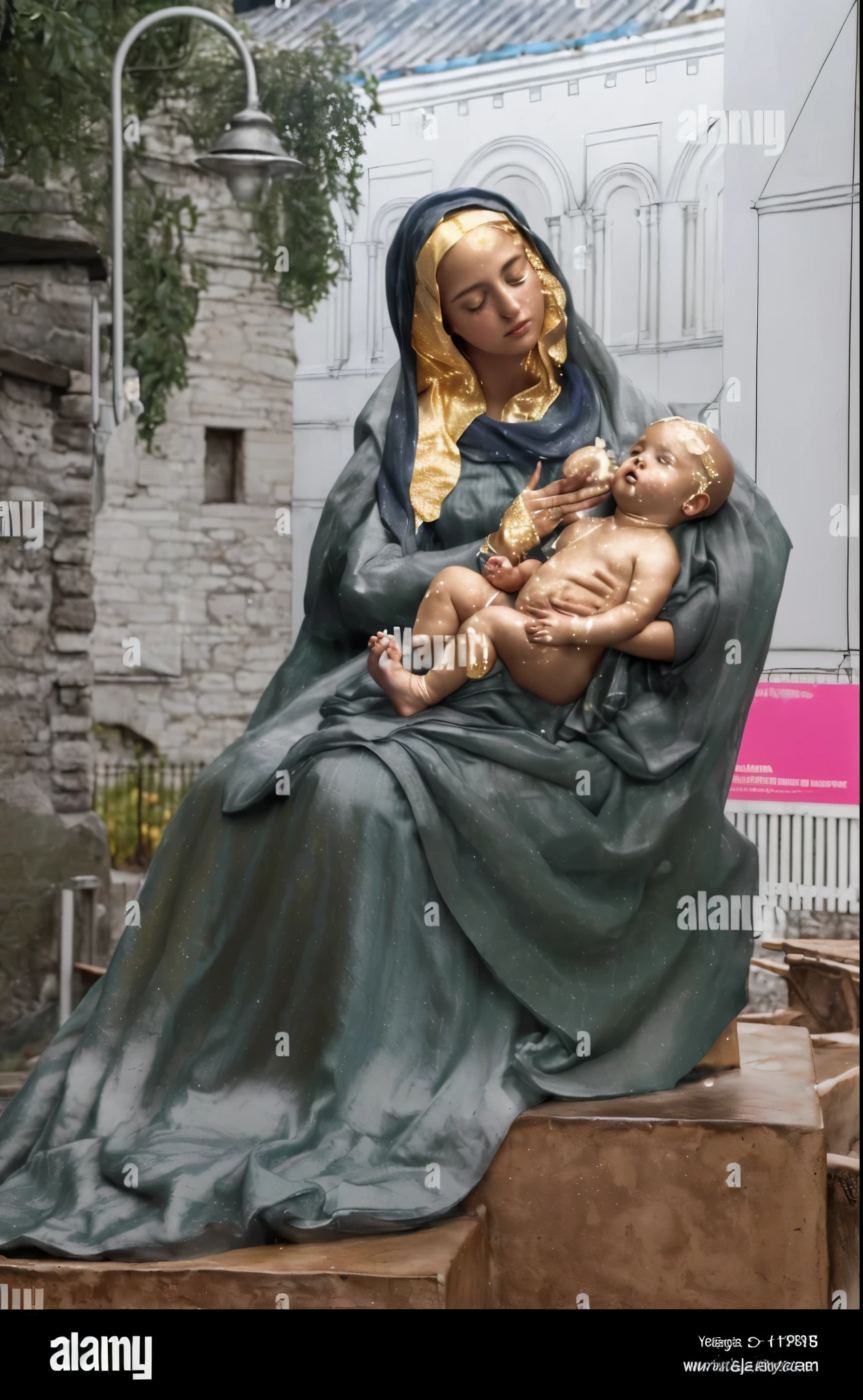 (((Holy Virgin Mary with baby Jesus. 19 years old))) (((IMAGEN VINTAGE RETRO))) ((( Con una cara seria y piadosa. Con una mirada dulce y tierna))) (obra maestra, calidad superior, mejor calidad, arte oficial, beautiful and aesthetic: 1.2), (1girl), extremadamente detallado, (Arte fractal: 1.3), colorido, highest detailed, Cara perfecta, parte superior del cuerpo, HDR, (orando: 1.3), (golden lines of white coat: 1.2), galaxia, (rayas de luz), eye-catching visuals, (dynamic stripes, senderos luminosos: 1.2), colores vibrantes,