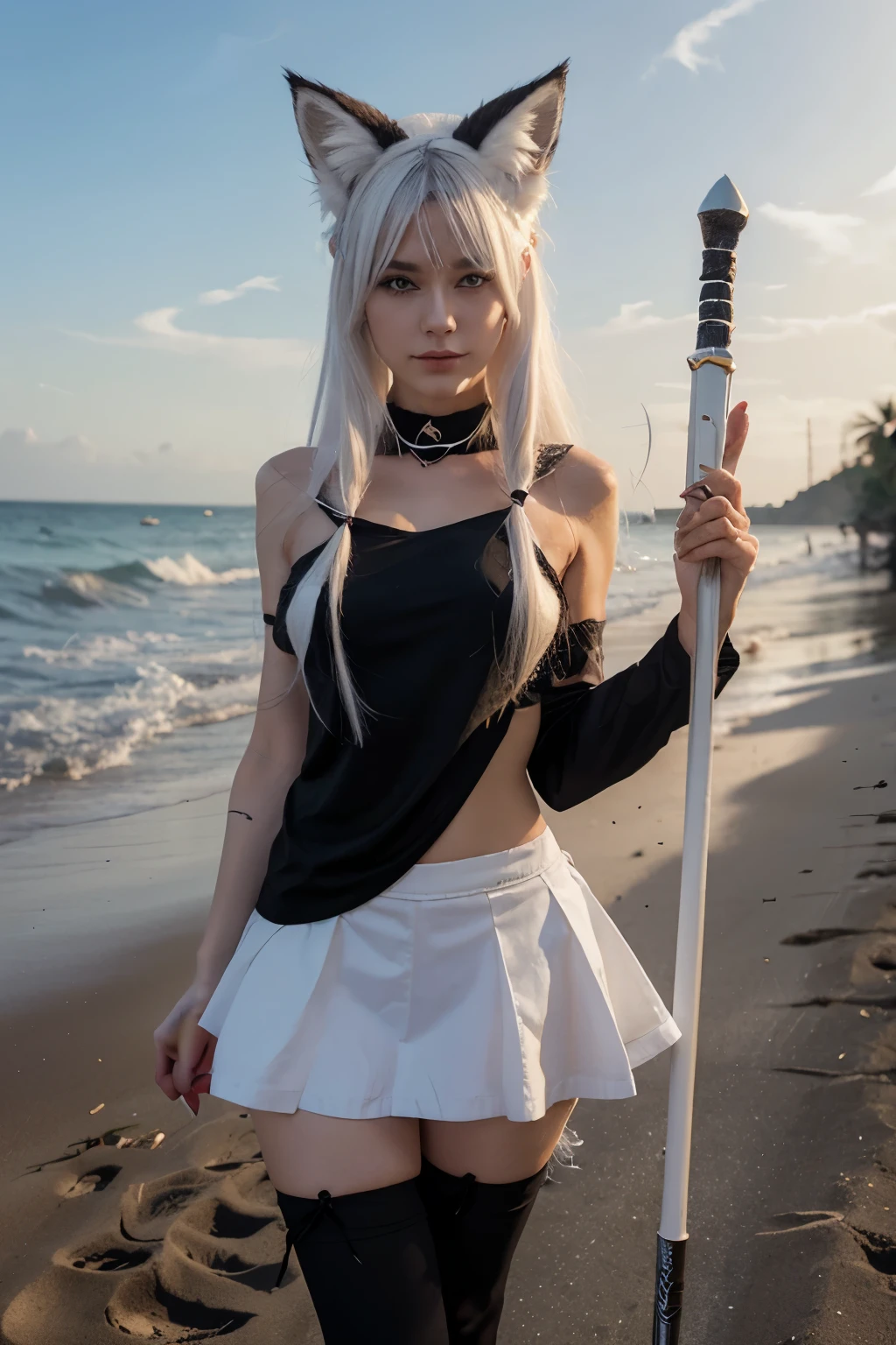 young woman ,height 155 centimeters ,breast size 2 ,ash white hair , fluffy ears with black tips ,white tail with black tip ,fox ,Someone ,cat , skirt ,stockings ,topic ,cat ears ,small ears ,Black Ear Tips,black tip of the tail , black ears ,черный foxий хвост ,skinny legs, Red eyes ,5 fingers on 1 hand , large magic staff, long magic staff,buyer ,Beach