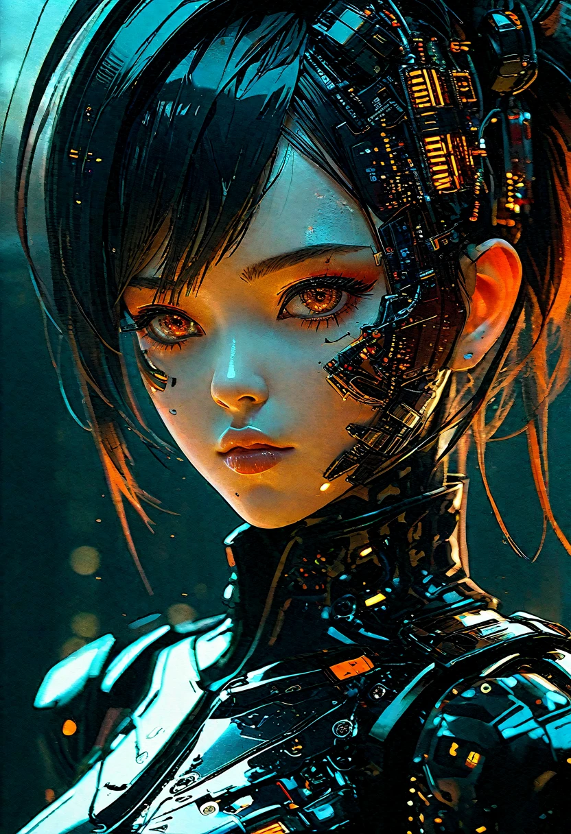 opalescence technical digital design. We are bondito, we are bondito gangsterito. perfect eyes, highest quality neo-Harajuku style embodying the mood of a post-apocalyptic world, intricate robot details, space-age outfit highlighted by sharp contrasting shadows, strikingly vibrant colors, atmospheric dust particles, scattered faces, decaying city background, digital UHD rendering, captivating fashion mix and dystopia.with dark white and light red colors, a hyperrealistic portrait in light black and orange colors. --ar 103:128.