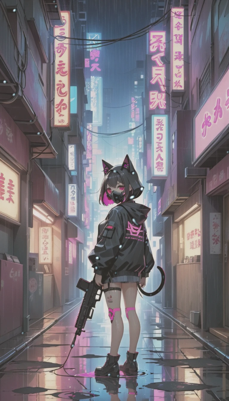 cyber punk，Cute Armed Girl，look back，cute girl，cat ear hood，bob，The inner color of the hair is pink，Blood on the face，Adhesive plaster on the knee，Neon Blue Shadows，Neon pink highlights，neon sign，Very narrow alley，ごみ箱を漁るCrow，Black cat，kabukicho，Underground，downtown at night，city，future city，Lots of Japanese neon signiscellaneous，night rain，get wet in the rain，Reflected in a puddle，Mechanical Townscape，雑居ビルにneon sign，Electric wires are strung all over the place.，100 electric wires，night town，Crow，railgun，Pointing a Gun，A gas mask like Casshern，Red eyes glowing，end of the century，Make the neon shine brightly，Overall dark，Increase saturation