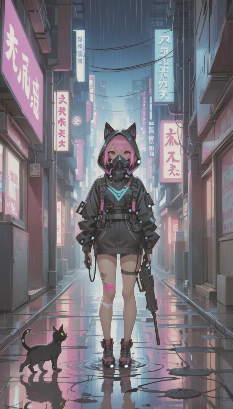 cyber punk，Cute Armed Girl，look back，cute girl，cat ear hood，bob，The inner color of the hair is pink，Blood on the face，Adhesive plaster on the knee，Neon Blue Shadows，Neon pink highlights，neon sign，Very narrow alley，ごみ箱を漁るCrow，Black cat，kabukicho，Underground，downtown at night，city，future city，Lots of Japanese neon signiscellaneous，night rain，get wet in the rain，Reflected in a puddle，Mechanical Townscape，雑居ビルにneon sign，Electric wires are strung all over the place.，100 electric wires，night town，Crow，railgun，Pointing a Gun，A gas mask like Casshern，Red eyes glowing，end of the century，Make the neon shine brightly，Overall dark，Increase saturation