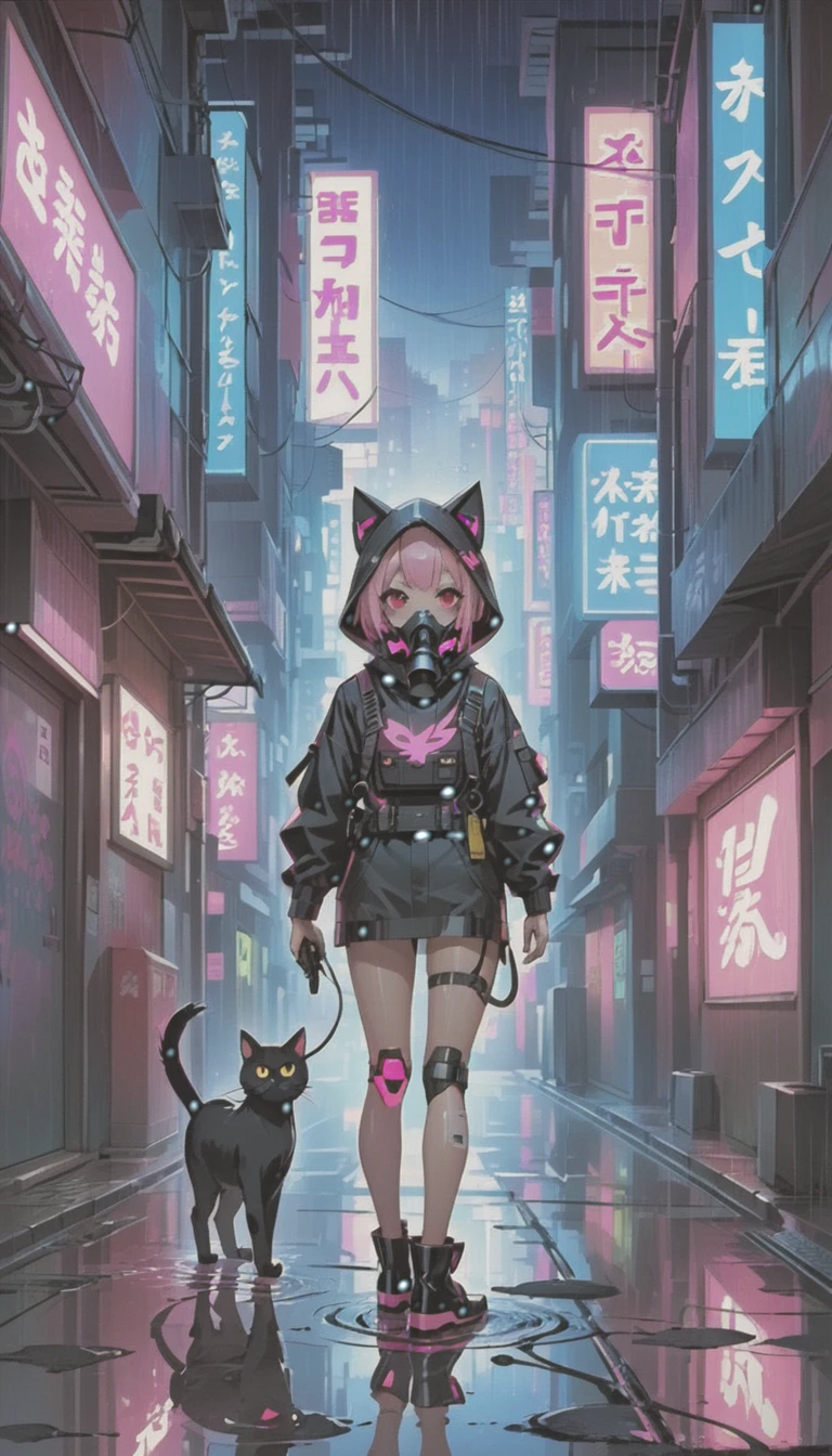 cyber punk，Cute Armed Girl，look back，cute girl，cat ear hood，bob，The inner color of the hair is pink，Blood on the face，Adhesive plaster on the knee，Neon Blue Shadows，Neon pink highlights，neon sign，Very narrow alley，ごみ箱を漁るCrow，Black cat，kabukicho，Underground，downtown at night，city，future city，Lots of Japanese neon signiscellaneous，night rain，get wet in the rain，Reflected in a puddle，Mechanical Townscape，雑居ビルにneon sign，Electric wires are strung all over the place.，100 electric wires，night town，Crow，railgun，Pointing a Gun，A gas mask like Casshern，Red eyes glowing，end of the century，Make the neon shine brightly，Overall dark，Increase saturation