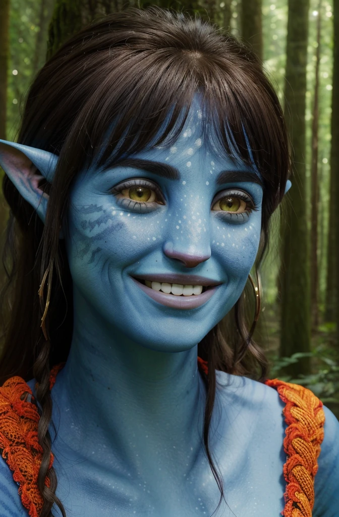 portrait of ((Penelope Cruz)) as a naavi woman smiling , blue skin, alien, pointy ears, freckles, yellow eyes, forest background,