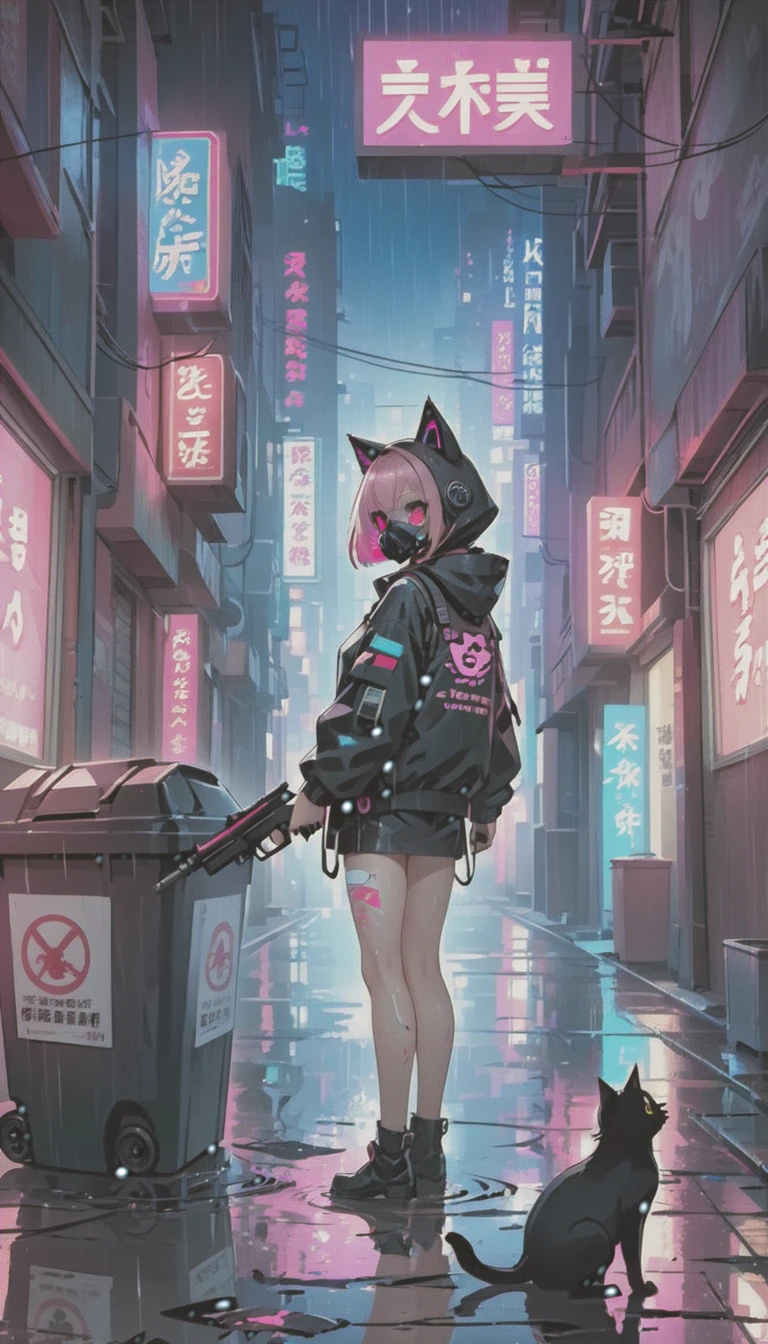 cyber punk，Cute Armed Girl，look back，cute girl，cat ear hood，bob，The inner color of the hair is pink，Blood on the face，Adhesive plaster on the knee，Neon Blue Shadows，Neon pink highlights，neon sign，Very narrow alley，Crows rummaging through trash cans，Black cat in the back，kabukicho，Underground，downtown at night，city，future city，Lots of Japanese neon signiscellaneous，night rain，get wet in the rain，Reflected in a puddle，Mechanical Townscape，雑居ビルにneon sign，Electric wires are strung all over the place.，100 electric wires，night town，Crow on a power line，railgun，Pointing a Gun，A gas mask like Casshern，Red eyes glowing，end of the century，Make the neon shine brightly，Overall dark，Increase saturation