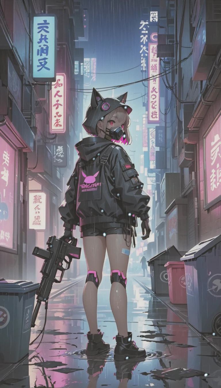 cyber punk，Cute Armed Girl，look back，cute girl，cat ear hood，bob，The inner color of the hair is pink，Blood on the face，Adhesive plaster on the knee，Neon Blue Shadows，Neon pink highlights，neon sign，Very narrow alley，Crows rummaging through trash cans，Black cat in the back，kabukicho，Underground，downtown at night，city，future city，Lots of Japanese neon signiscellaneous，night rain，get wet in the rain，Reflected in a puddle，Mechanical Townscape，雑居ビルにneon sign，Electric wires are strung all over the place.，100 electric wires，night town，Crow on a power line，railgun，Pointing a Gun，A gas mask like Casshern，Red eyes glowing，end of the century，Make the neon shine brightly，Overall dark，Increase saturation