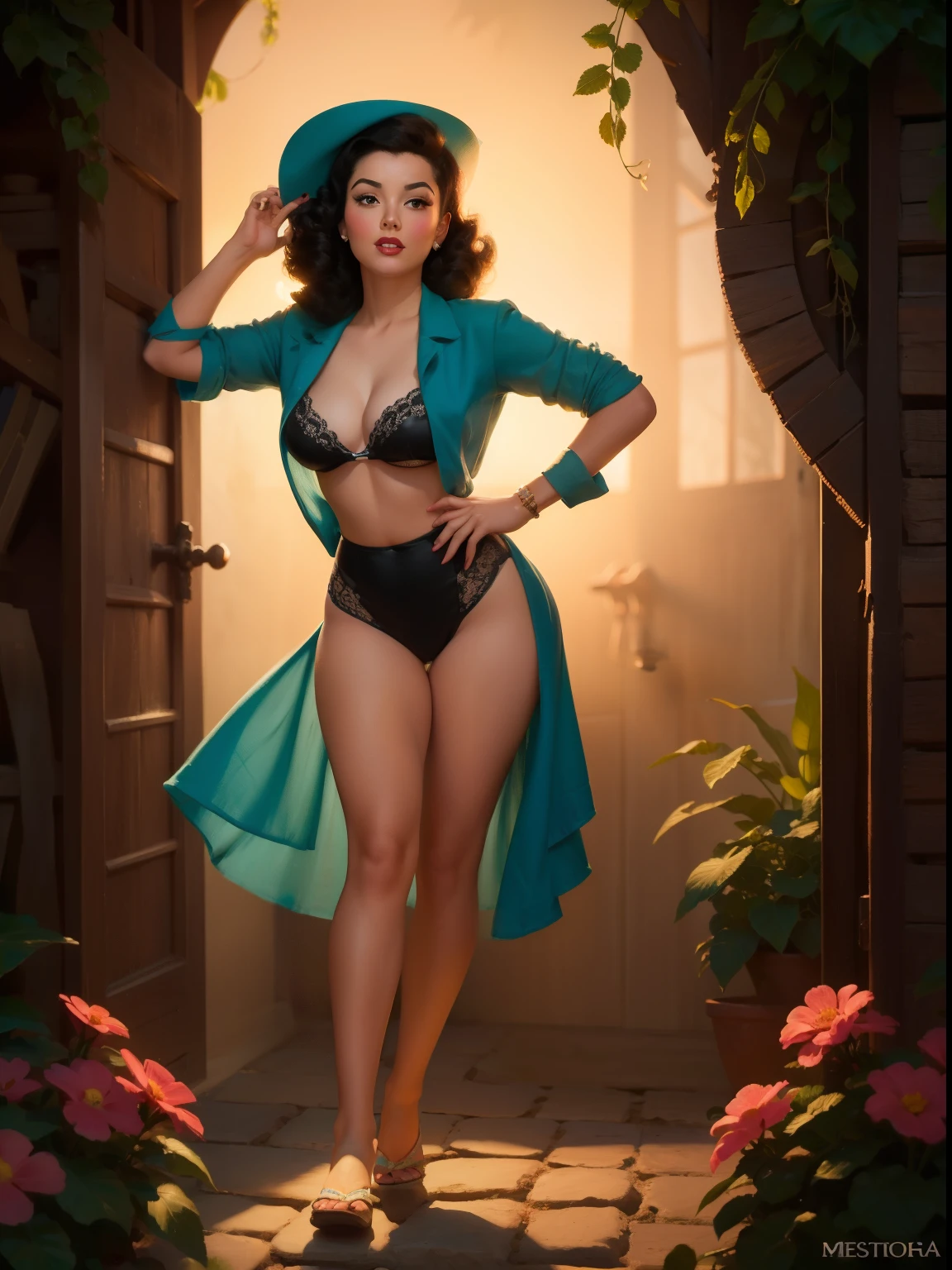(obra maestra:1.4), (Mejor calidad:1.4), estilo pin-up retro vintage, extremely detallado, intrincado, hyper-detallado, (detallado hand,dedos, piernas),illustration, soft lighting, zatanna 20 year old pin-up girl, pelo rubio, (perfecto_rostro), sentado en la valla, in the garden, Flores floreciendo, Bikini de dos piezas, intrincado, dramatic lighting, 4k, detallado_fondo, caustics, lleno_Cuerpo, digital_illustration
