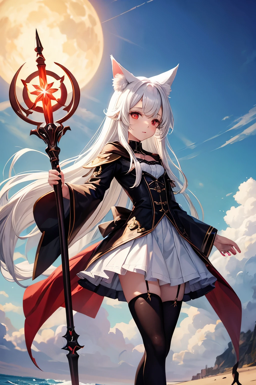 young woman ,height 155 centimeters ,breast size 1 ,ash white hair , fluffy ears with black tips ,white tail with black tip ,fox ,Someone ,cat , skirt ,stockings ,topic ,cat ears ,small ears ,Black Ear Tips,black tip of the tail , black ears ,черный foxий хвост ,two knives in hands , Two daggers in hand , two swords in hands ,skinny legs, Red eyes