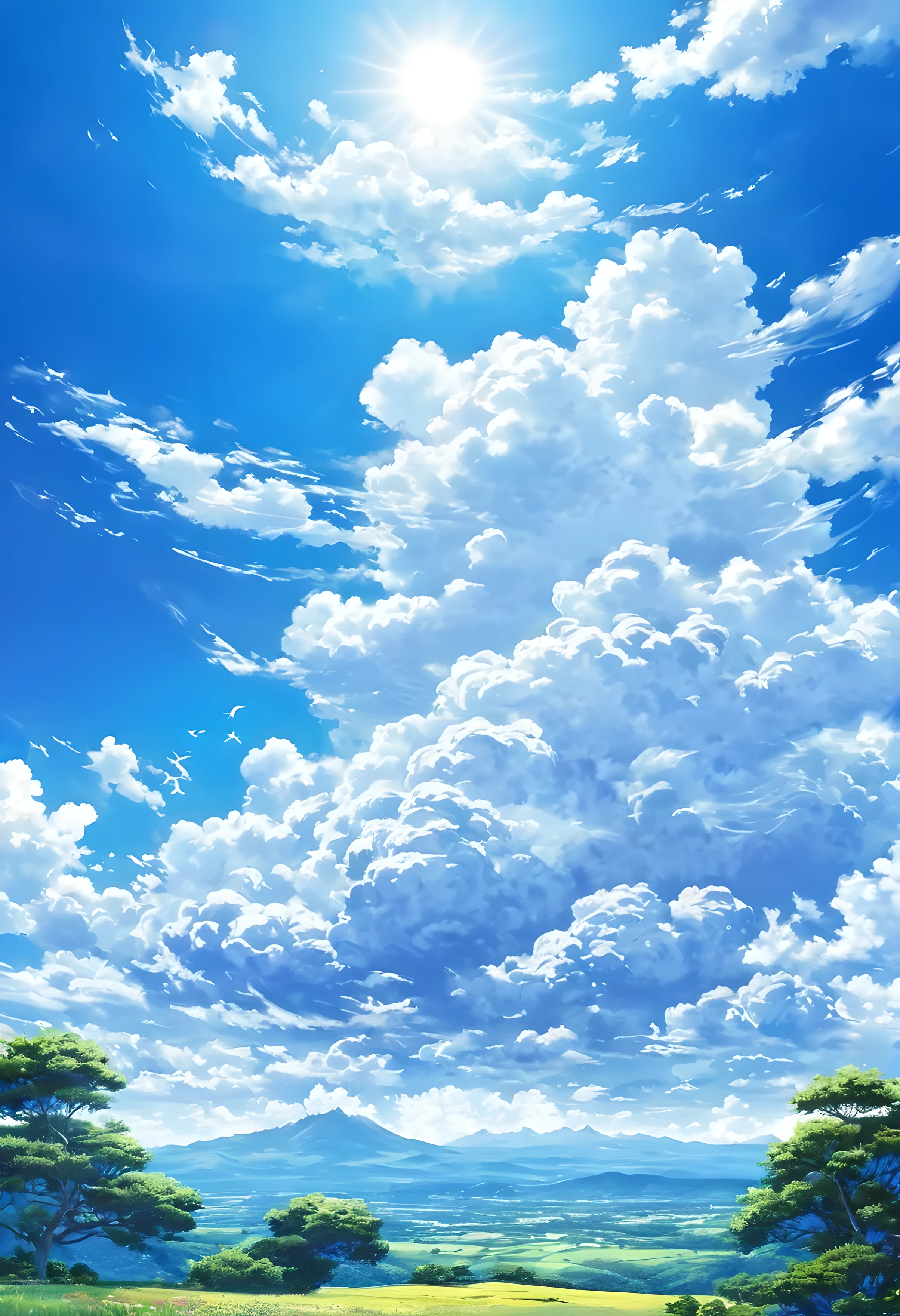 Creativo , realista, nuvens blancas , cielo azul, hermosa, paisaje anime 