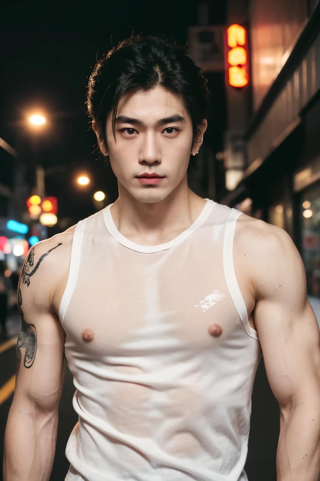 Japanese man, big muscles, pale skin, handsome, good facial details, pierced ears, tattoos, on the street at night, nude, see-through black shirt, tight-fitting, sleeveless, extremely sexy, shirt soaked, sweating profusely. , lights from various stores, photo shoots, sexy, portraits, dynamic poses