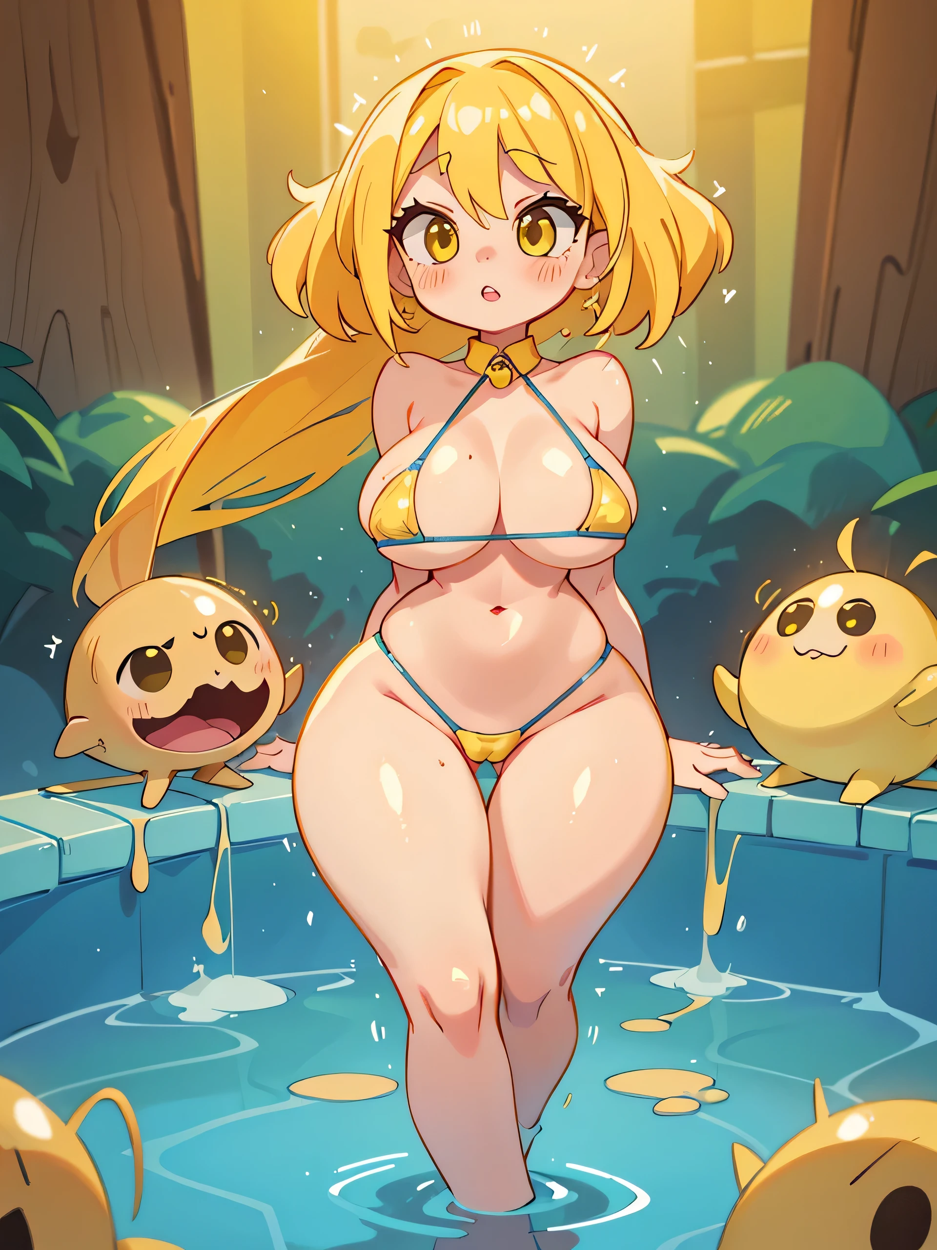 1 girl, yellow hair, (big lips), yellow eyes, long hair, huge breasts, blush, blush on nose, open abdomen, from behind, focused portrait, horrible thighs, high thighs, wide hips, narrow waist , hourglass figure, silly, full body, sexy pose, dynamic pose, hair clips, micro bikini, in a pool, wet