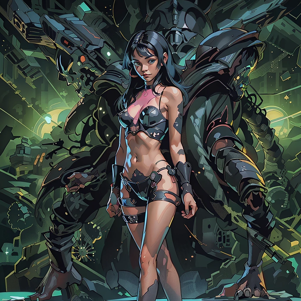 ((Create Odin girl +), (facing the viewer, standing close-up, full height), (smoke, fire), (thin graceful body, facing the viewer), (dynamic pose), (standing with legs wide apart) , (sexy), (delicate scarlet lips), (straight, black long hair), (small thong, short T-shirt, bare shoulders), (narrow hips, beautiful breasts))_((Artistic Stylization), (fantastic film- comic), (soft oil painting, digital painting), (elegant line, clear outline, high-quality drawing, shading))_((Simple color palettes), (color richness, saturation, harmony, balance), (background - dark, cold tones), (fantasy-horror, - cyberpunk, deep space, spaceship))_((Sexy, erotic), (hands in elbow pads, palms wearing tactical gloves), (bare thighs, thongs, bare belly-navel, minimal clothing ), (legs in combat knee pads, thigh-high stockings - sexy), (massive leather lace-up boots), (space design, dramatic scene, combat situation))_((Background, fantastic ship lock, (films; Lucas Arts, R.Sh. Giger "Alien", Giger's monsters, space monsters), (a stunning scene in a spaceship - "Alien" monsters), (warm contrasting light, cold shadows))_ ((Cinematic masterpiece, highest quality), (contrasting shadows, clear, bright light), (warm range of colors, contrasting light with cold shadows))_((Cinematic animation, ), (soft clear shapes, wide strokes, attention to detail), (16K | Ultra HD | Full HD)).