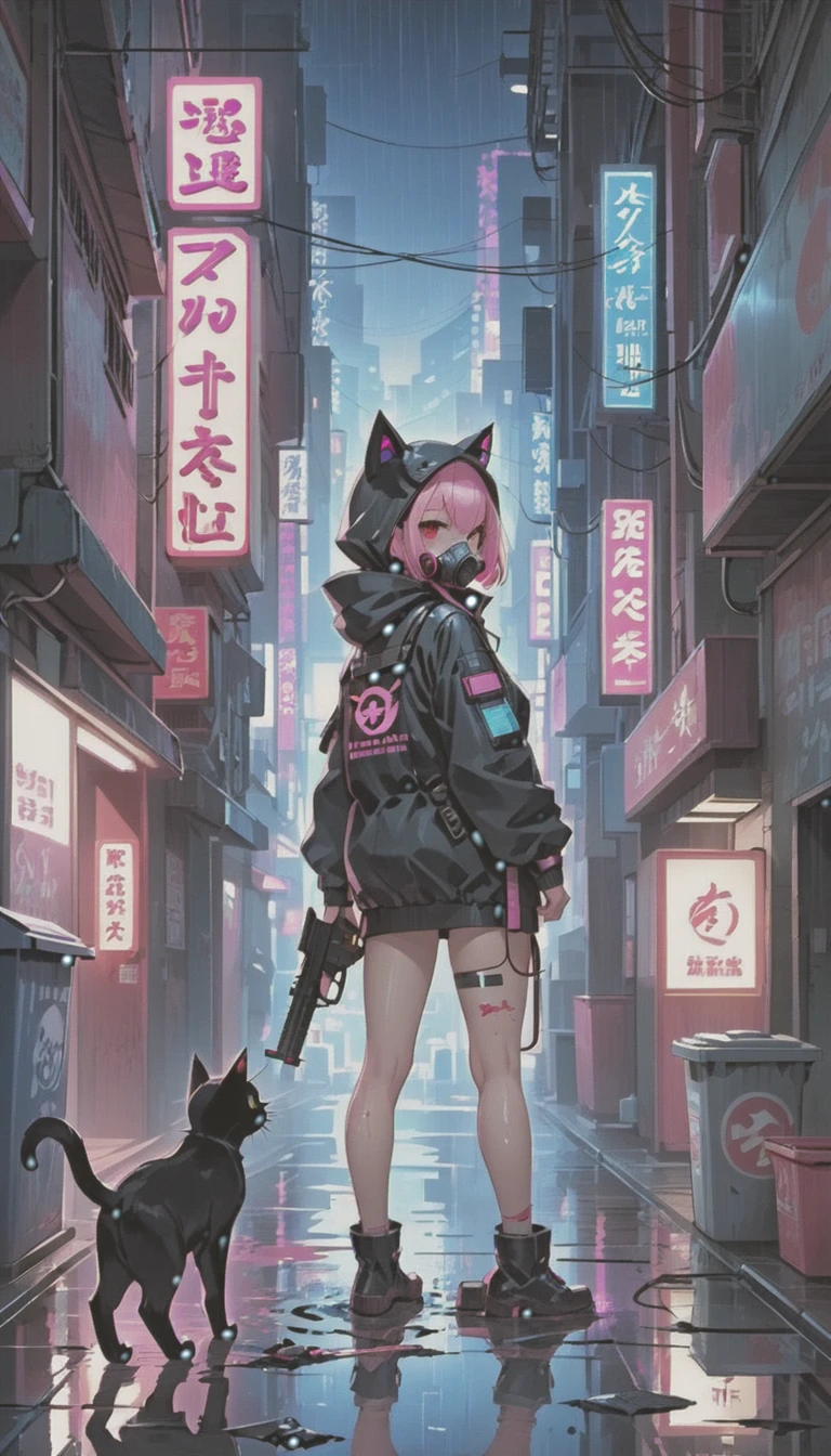 cyber punk，Cute Armed Girl，look back，cute girl，cat ear hood，bob，The inner color of the hair is pink，Blood on the face，Adhesive plaster on the knee，Neon Blue Shadows，Neon pink highlights，neon sign，Very narrow alley，Crows rummaging through trash cans，Black cat in the back，kabukicho，Underground，downtown at night，city，future city，Lots of Japanese neon signiscellaneous，night rain，get wet in the rain，Reflected in a puddle，Mechanical Townscape，雑居ビルにneon sign，Electric wires are strung all over the place.，100 electric wires，night town，Crow on a power line，railgun，Pointing a Gun，A gas mask like Casshern，Red eyes glowing，end of the century，Make the neon shine brightly，Overall dark，Increase saturation