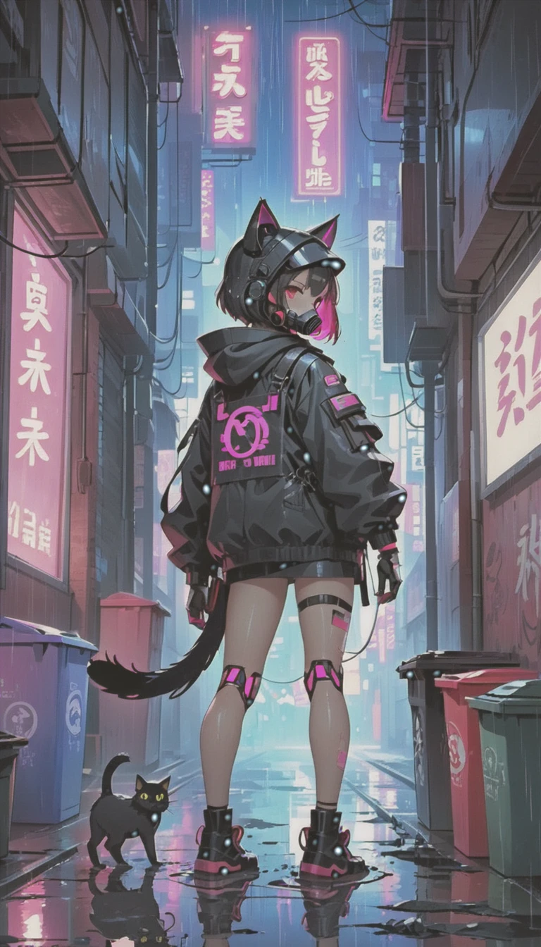 cyber punk，Cute Armed Girl，look back，cute girl，cat ear hood，bob，The inner color of the hair is pink，Blood on the face，Adhesive plaster on the knee，Neon Blue Shadows，Neon pink highlights，neon sign，Very narrow alley，Crows rummaging through trash cans，Black cat in the back，kabukicho，Underground，downtown at night，city，future city，Lots of Japanese neon signiscellaneous，night rain，get wet in the rain，Reflected in a puddle，Mechanical Townscape，雑居ビルにneon sign，Electric wires are strung all over the place.，100 electric wires，night town，Crow on a power line，railgun，Pointing a Gun，A gas mask like Casshern，Red eyes glowing，end of the century，Make the neon shine brightly，Overall dark，Increase saturation