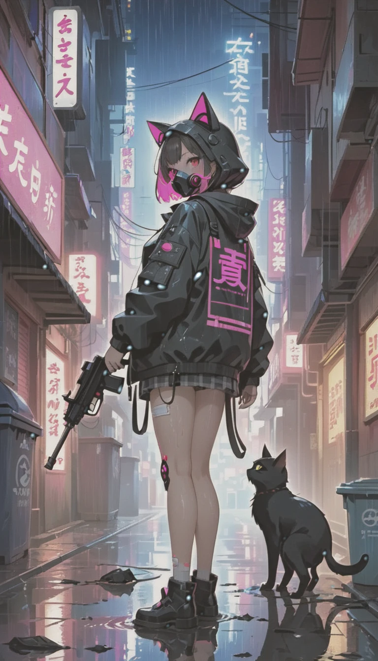 cyber punk，Cute Armed Girl，look back，cute girl，cat ear hood，bob，The inner color of the hair is pink，Blood on the face，Adhesive plaster on the knee，Neon Blue Shadows，Neon pink highlights，neon sign，Very narrow alley，Crows rummaging through trash cans，Black cat in the back，kabukicho，Underground，downtown at night，city，future city，Lots of Japanese neon signiscellaneous，night rain，get wet in the rain，Reflected in a puddle，Mechanical Townscape，雑居ビルにneon sign，Electric wires are strung all over the place.，100 electric wires，night town，Crow on a power line，railgun，Pointing a Gun，A gas mask like Casshern，Red eyes glowing，end of the century，Make the neon shine brightly，Overall dark，Increase saturation