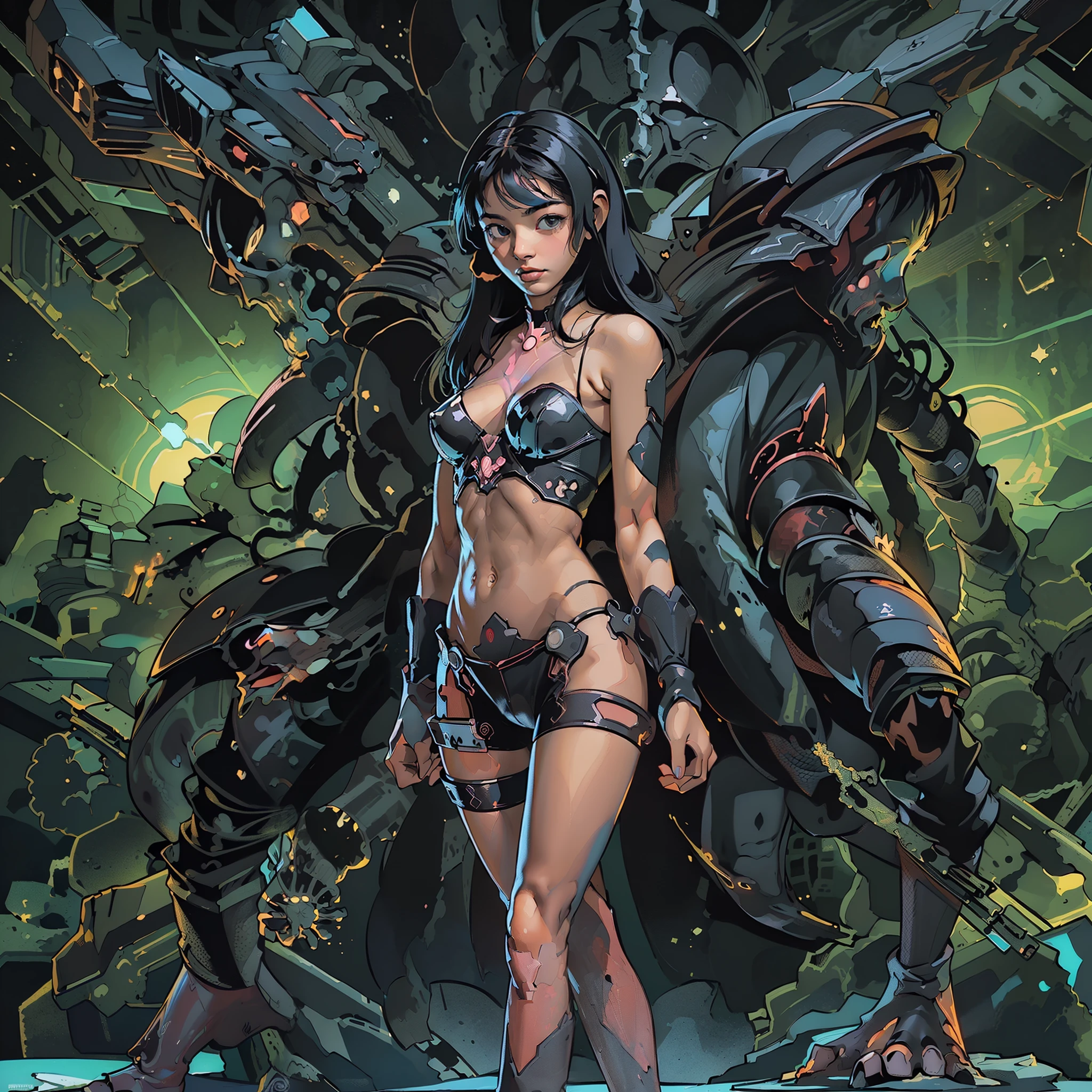 ((Create Odin girl +), (facing the viewer, standing close-up, full height), (smoke, fire), (thin graceful body, facing the viewer), (dynamic pose), (standing with legs wide apart) , (sexy), (delicate scarlet lips), (straight, black long hair), (small thong, short T-shirt, bare shoulders), (narrow hips, beautiful breasts))_((Artistic Stylization), (fantastic film- comic), (soft oil painting, digital painting), (elegant line, clear outline, high-quality drawing, shading))_((Simple color palettes), (color richness, saturation, harmony, balance), (background - dark, cold tones), (fantasy-horror, - cyberpunk, deep space, spaceship))_((Sexy, erotic), (hands in elbow pads, palms wearing tactical gloves), (bare thighs, thongs, bare belly-navel, minimal clothing ), (legs in combat knee pads, thigh-high stockings - sexy), (massive leather lace-up boots), (space design, dramatic scene, combat situation))_((Background, fantastic ship lock, (films; Lucas Arts, R.Sh. Giger "Alien", Giger's monsters, space monsters), (a stunning scene in a spaceship - "Alien" monsters), (warm contrasting light, cold shadows))_ ((Cinematic masterpiece, highest quality), (contrasting shadows, clear, bright light), (warm range of colors, contrasting light with cold shadows))_((Cinematic animation, ), (soft clear shapes, wide strokes, attention to detail), (16K | Ultra HD | Full HD)).
