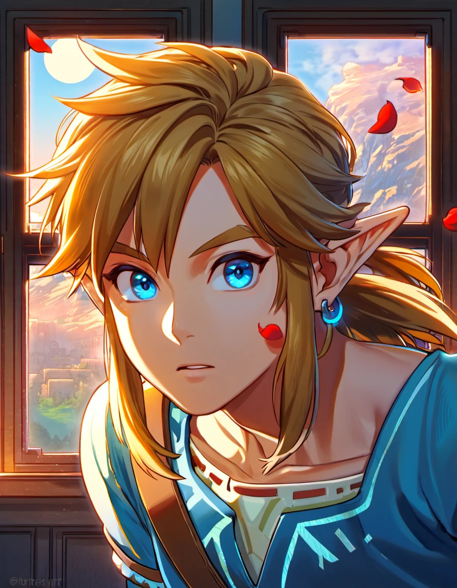 absurdres, highres, ultra detailed, HDR), master piece, best quality, Link, blond hair, expressive blue eyes, the legend of zelda breath of the wild, 1man, handsome, blue tunic, window, moon, red petals