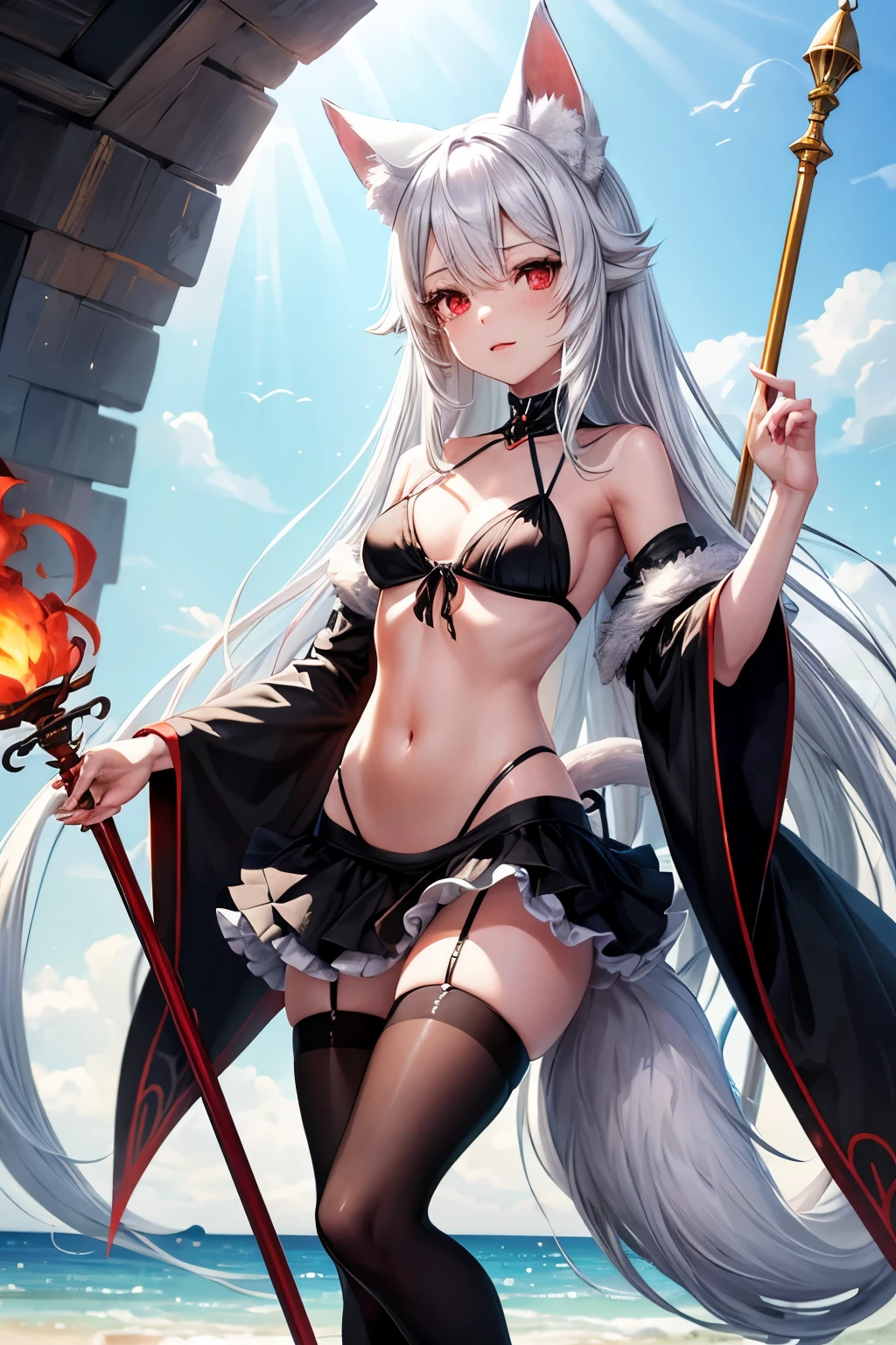 young woman ,height 155 centimeters ,breast size 2 ,ash white hair , fluffy ears with black tips ,white tail with black tip ,fox ,Someone ,cat , skirt ,stockings ,topic ,cat ears ,small ears ,Black Ear Tips,black tip of the tail , black ears ,черный foxий хвост ,skinny legs, Red eyes ,5 fingers on 1 hand , large magic staff, long magic staff,buyer ,Beach,bikini ,swimsuit