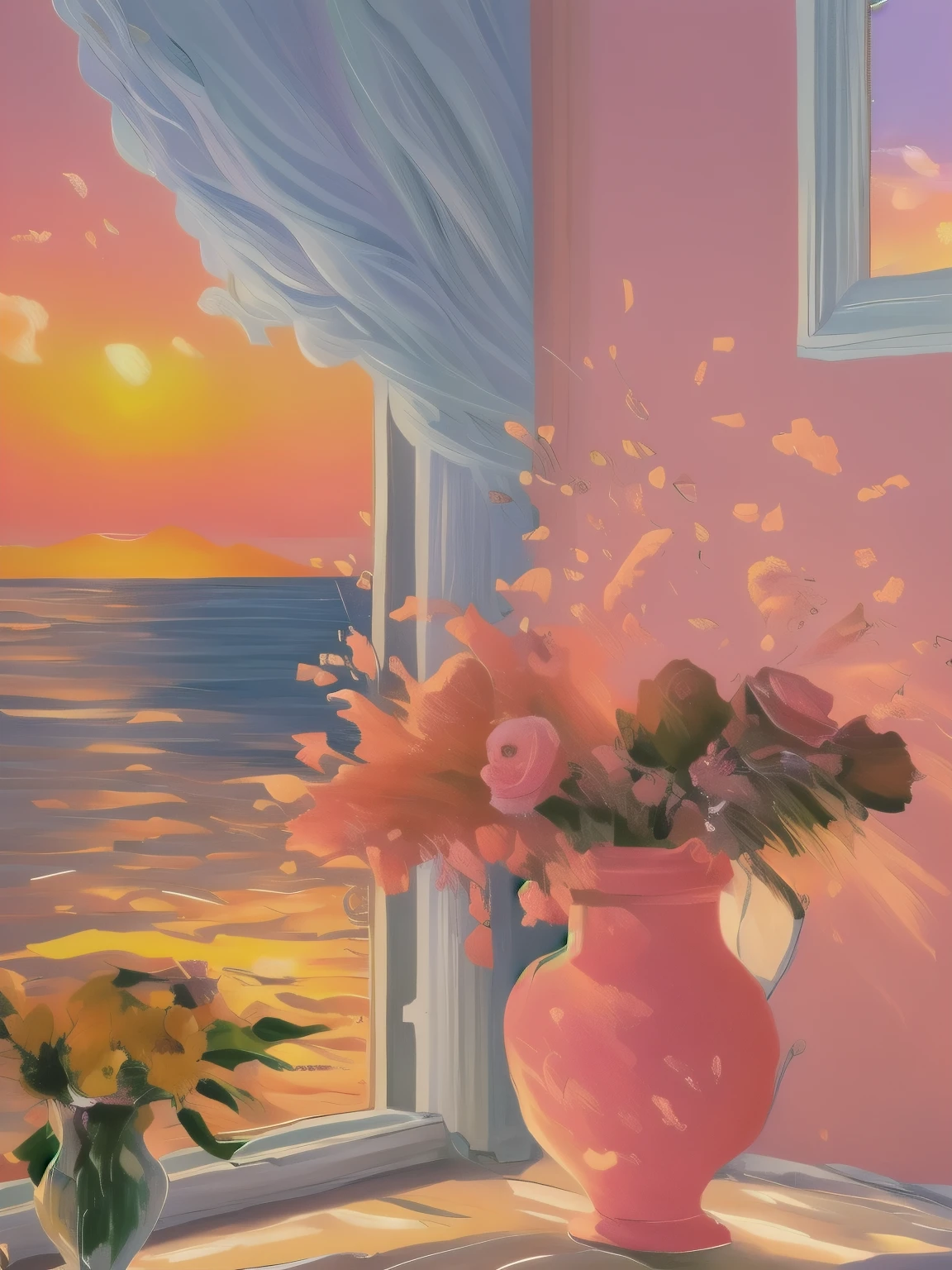 painting of a vase of flowers on a window sill overlooking the ocean, warm beautiful scene, floral sunset, painting of beautiful, romantic painting, beautiful painting, sunset light, artistic painting, sunrise light, sunset glow, rich bright sunny colors, beautiful aesthetic, gorgeous romantic sunset, awesome greate composition, beautiful composition, beautiful scene, beautiful sunset glow, scenery artwork