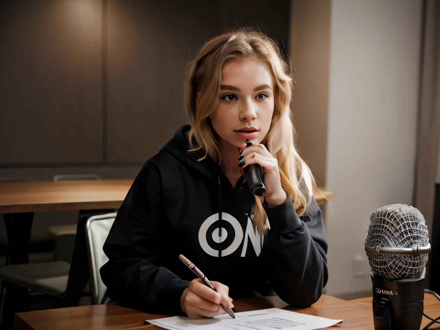 a woman sitting at a table with a microphone in front of her, sitting in front of a microphone, young infp, in a hoodie, funny watermark, girl with blonde hair wearing sex outfit, inspired by Ion Andreescu, INFP Girl , smooth on _ the background, youtube video screenshot, sci if, profile picture, the background is on fire