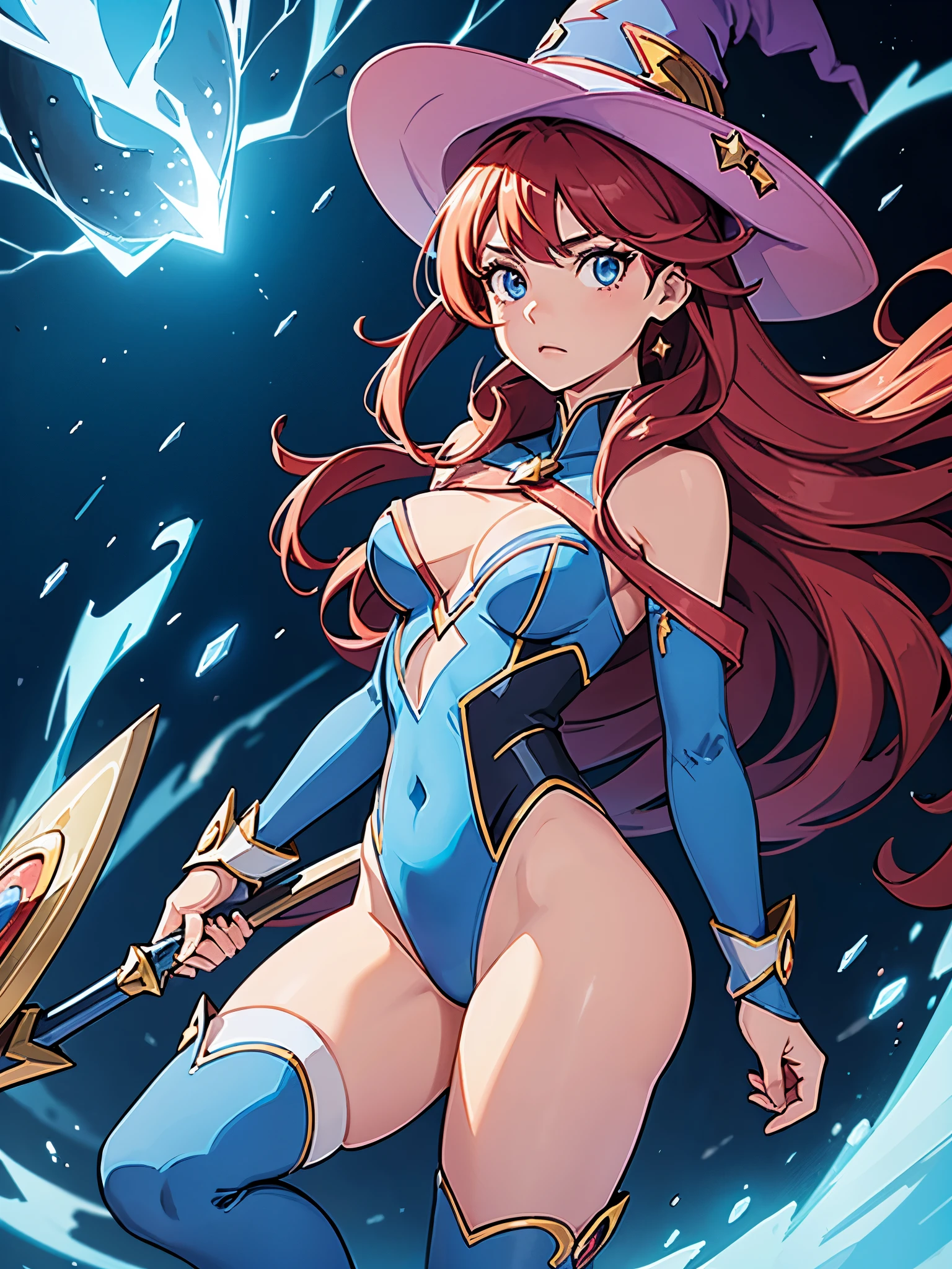 a cartoon of a woman dressed in a superhero costume holding a wand, witch academia, superhero sorceress witch, glamorous angewoman digimon, sky witch, by Aguri Uchida, maya ali as a lightning mage, leotard, blue leotard with white accent, witch hat, red hair, long hair, blue eyes, beautiful detailed eyes, beautiful detailed face, cute face, medium breasts, -18, solo, solo focus, wonder, concept art!!