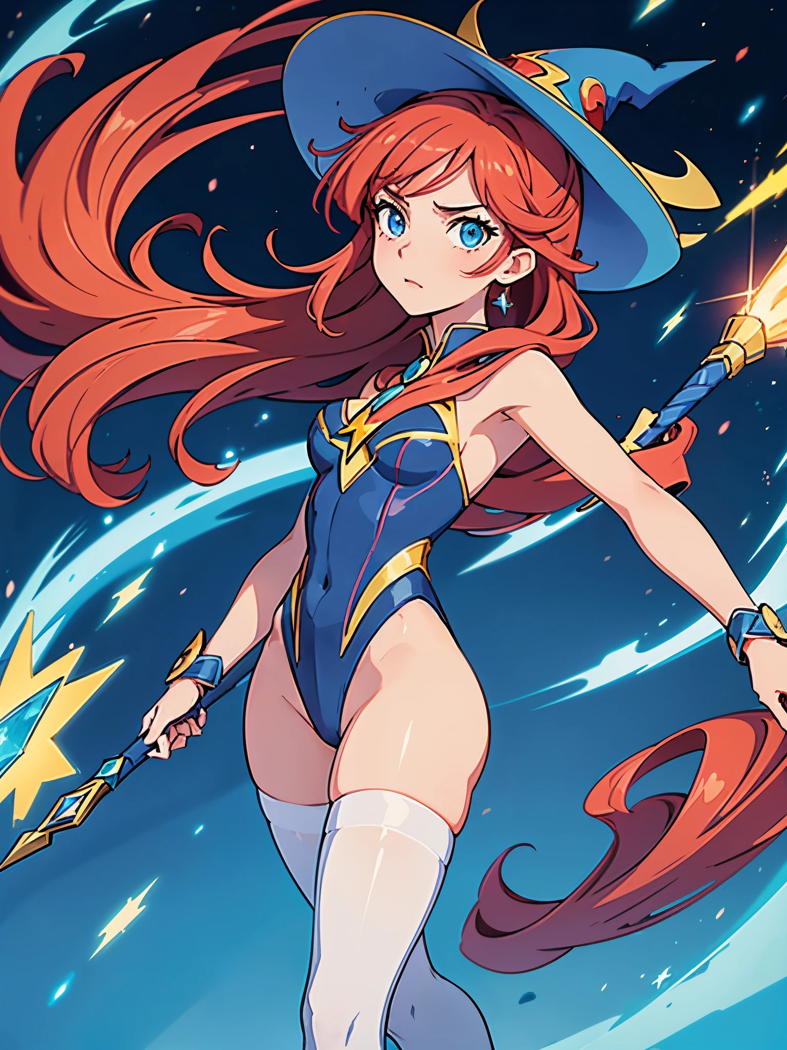 a cartoon of a woman dressed in a superhero costume holding a wand, witch academia, superhero sorceress witch, glamorous angewoman digimon, sky witch, by Aguri Uchida, maya ali as a lightning mage, leotard, blue leotard with white accents, bare legs, blue thigh-highs, red high heels, witch hat, red hair, long hair, blue eyes, ahoge, beautiful detailed eyes, beautiful detailed face, cute face, medium breasts, age 16-18, solo, solo focus, wonder, full body portrait, cowboy shot