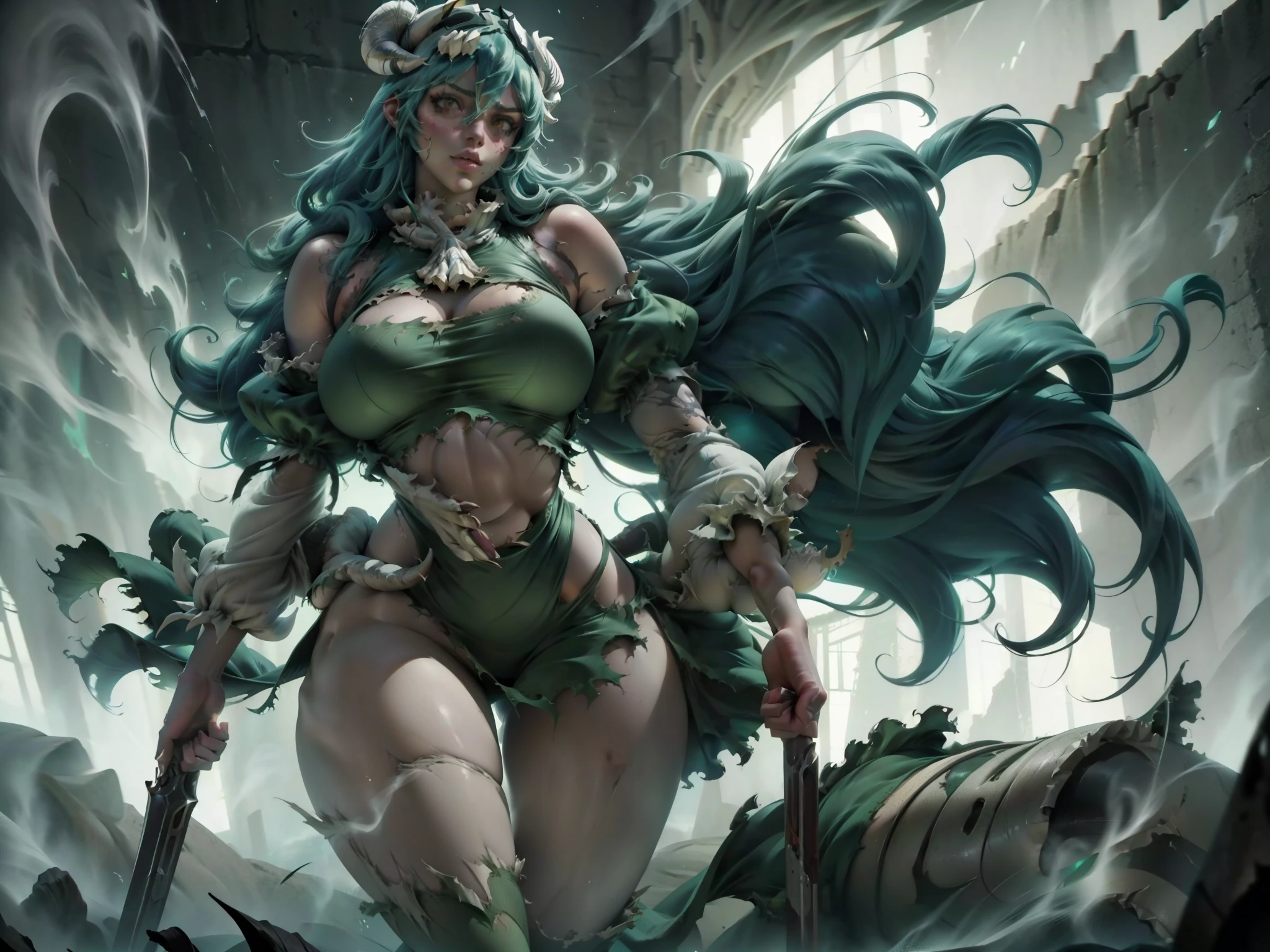 neliel with her clothes all torn up in a sexy imposing pose with very large breasts in a torn green outfit, walking in an imposing pose coming out of the smoke walking in the white desert