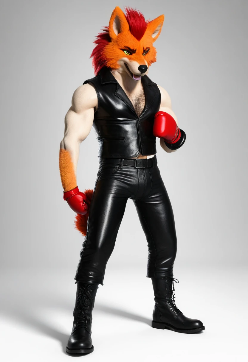 Furry, anthropomorphic wolf, orange fur, red hair, mohawk hairstyle, red eyes, 6'7 and 233, 50" Chest, 21" Shoulders, 17" Biceps, 36" Waist, 25" thighs, 17" calves, 20" back, wearing black leather vest, wearing white v-neck shirt with sleeves torn off, wearing black leather pants, wearing black leather boots, wearing red boxing gloves