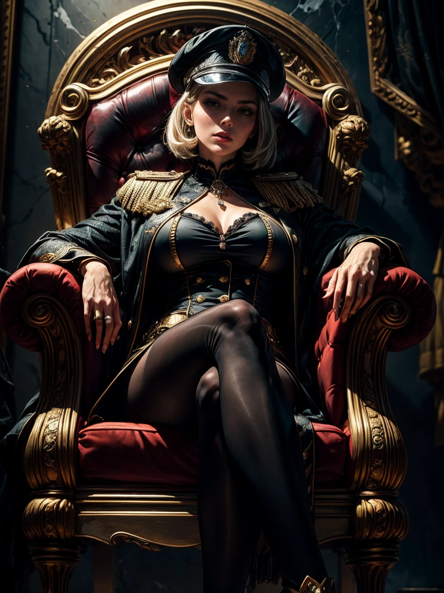chef-d'ouvrages d'art, best quality, Ultra-detailed, 4K quality, yeux expressifs, visage parfait, anatomie parfaite, corps parfait, Realistic, 1 gfille, mature girl, tout le corps, Les cheveux long et noirs, pale skin, pupilles rouges, cicatrice sur le visage, detailed eyes, yeux parfaits, boucles d'oreilles en argent, Detailed lips, He sits on a black marble throne, High level black military uniform with silver and gold accessories, peaked cap, Empereur masculin, Souverain du royaume, ambiance sombre, legs crossed, Coup de cuisse