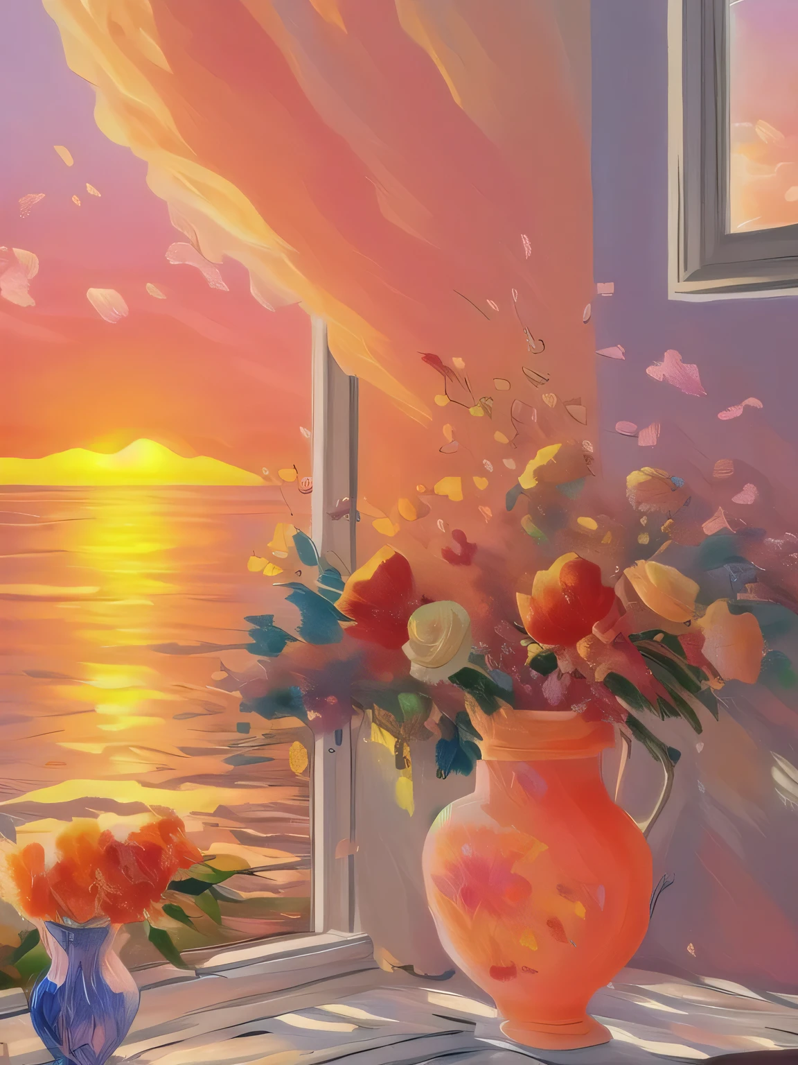 painting of a vase of flowers on a window sill overlooking the ocean, warm beautiful scene, floral sunset, painting of beautiful, romantic painting, beautiful painting, sunset light, artistic painting, sunrise light, sunset glow, rich bright sunny colors, beautiful aesthetic, gorgeous romantic sunset, awesome greate composition, beautiful composition, beautiful scene, beautiful sunset glow, scenery artwork