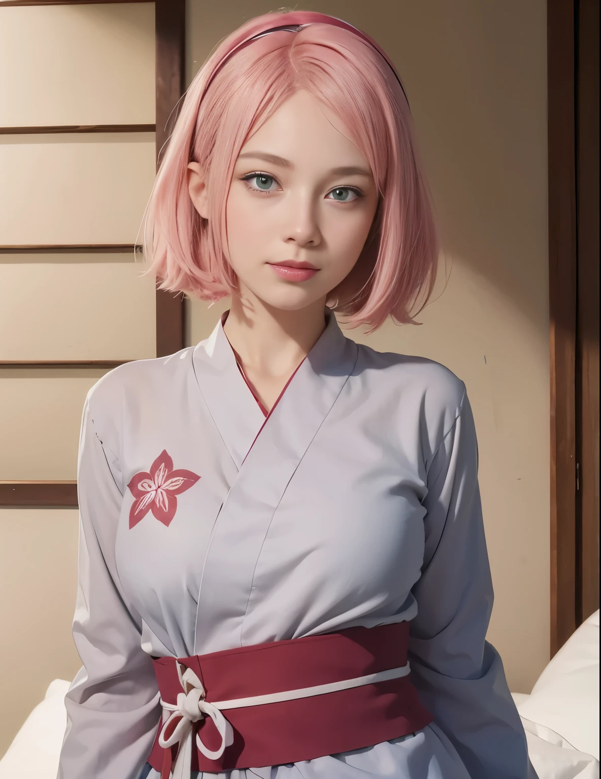 masterpiece, best quality, (realistic, photo-realistic:1.4), (RAW photo:1.2), extremely detailed CG unity 8k wallpaper, delicate and beautiful, amazing, finely detail, official art, absurdres, incredibly absurdres, huge filesize, ultra-detailed, extremely detailed, extremely detailed girl, extremely detailed eyes and face, light on face,little smile,eydis,short hair,pink hair,green eyes,red hairband