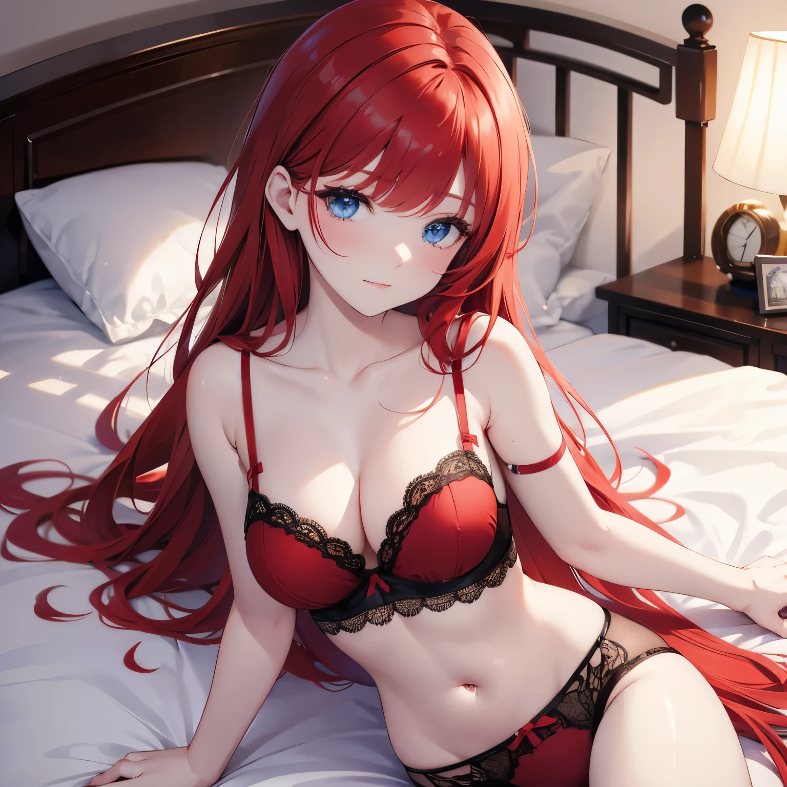 Red hair, blue eyes, lingerie, bed