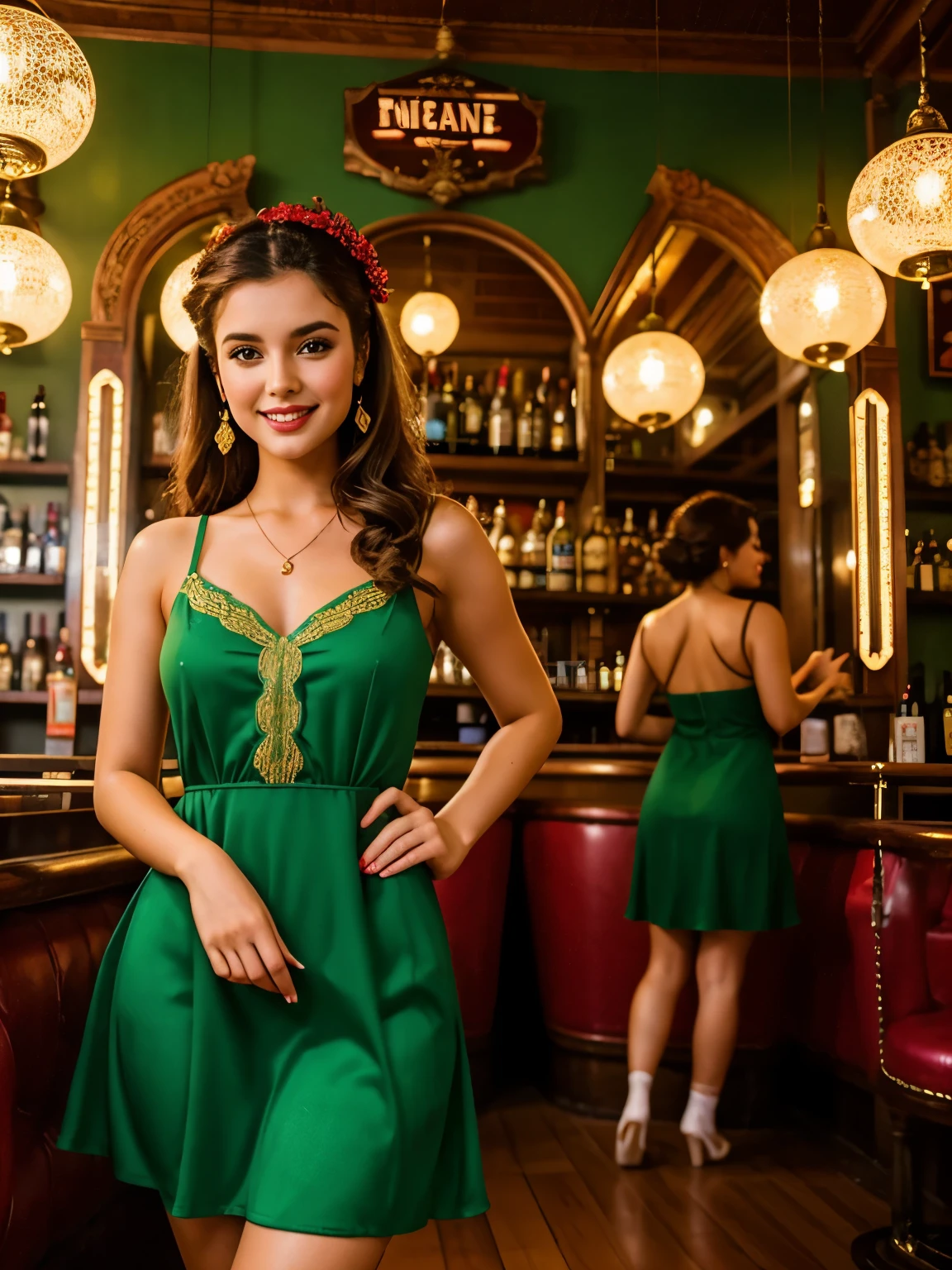 Heavenly beautiful girl, 25 year old, beautiful gorgeous face, eyes symmetry, face symmetry, inside a vintage bar, vibrant green red dress slippers, dancing to the tunes, happy face, intricate detailing of the place and background