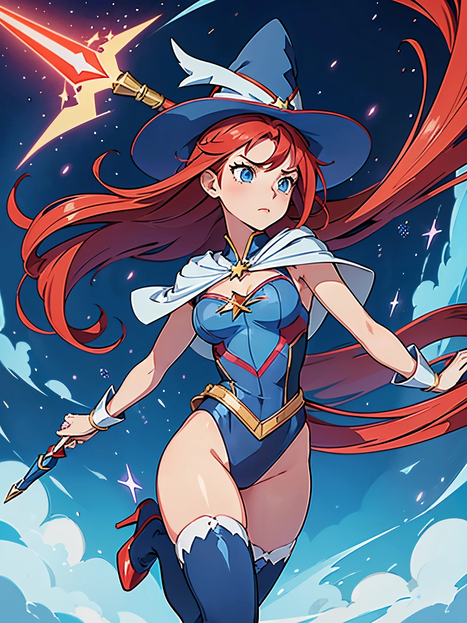 1girl, superhero, holding wand, witch academia, superhero sorceress witch, glamorous angewoman digimon, sky witch, by Aguri Uchida, maya ali as a lightning mage, leotard, blue leotard with white accents, bare legs, blue thigh-highs, red high heels, (witch hat, red hair, long hair), blue eyes, ahoge, beautiful detailed eyes, beautiful detailed face, cute face, medium breasts, age 16-18, solo, solo focus, wonder, full body with costume, full body portrait, cowboy shot