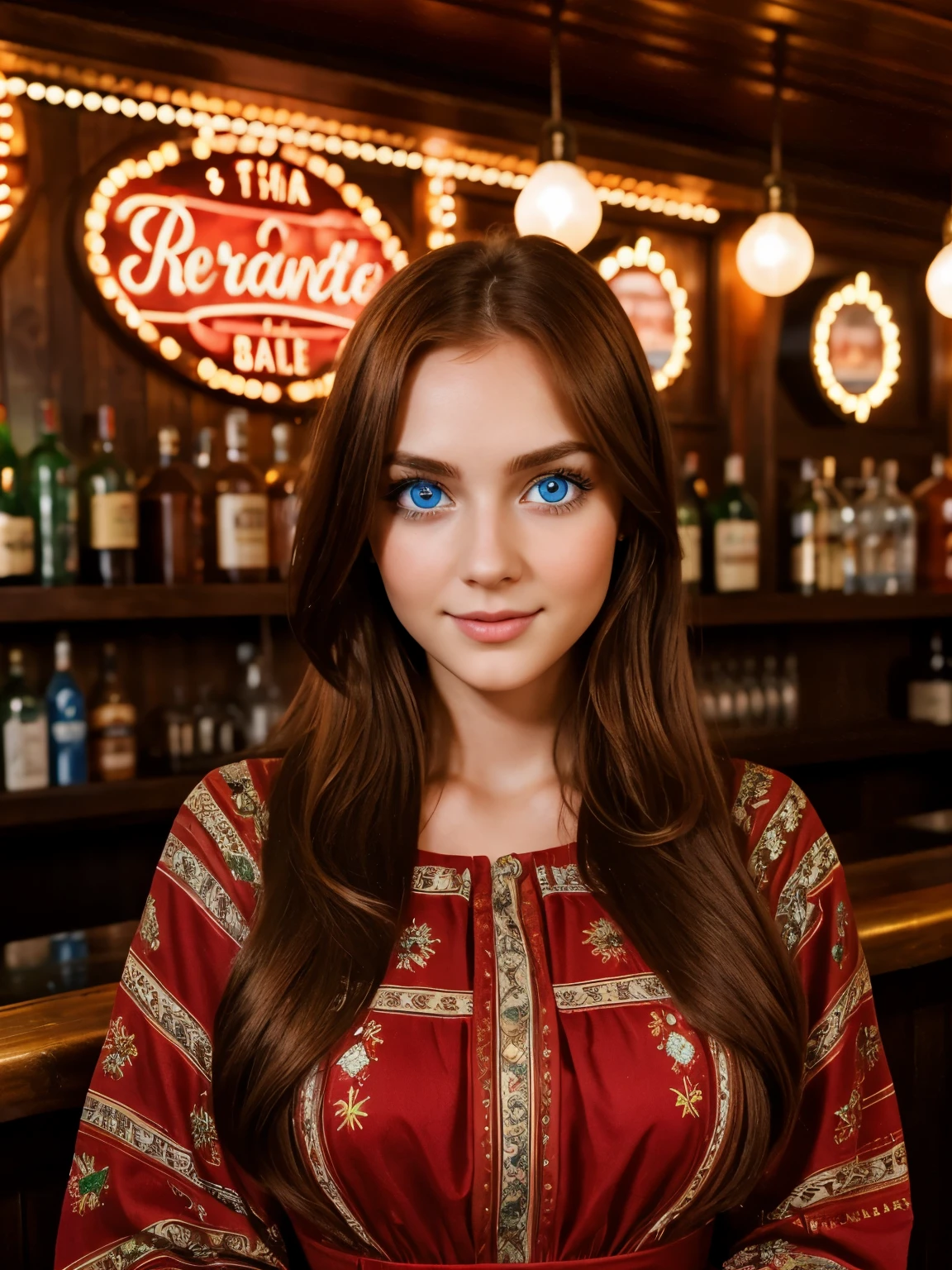 25 year old girl, detailed beautiful face, glowing textured skin, big blue eyes, eyes symmetry, face symmetry, inside a vintage bar, red green cute dress, red slippers, happy face, long brown hair, intricate detailing of the place and background