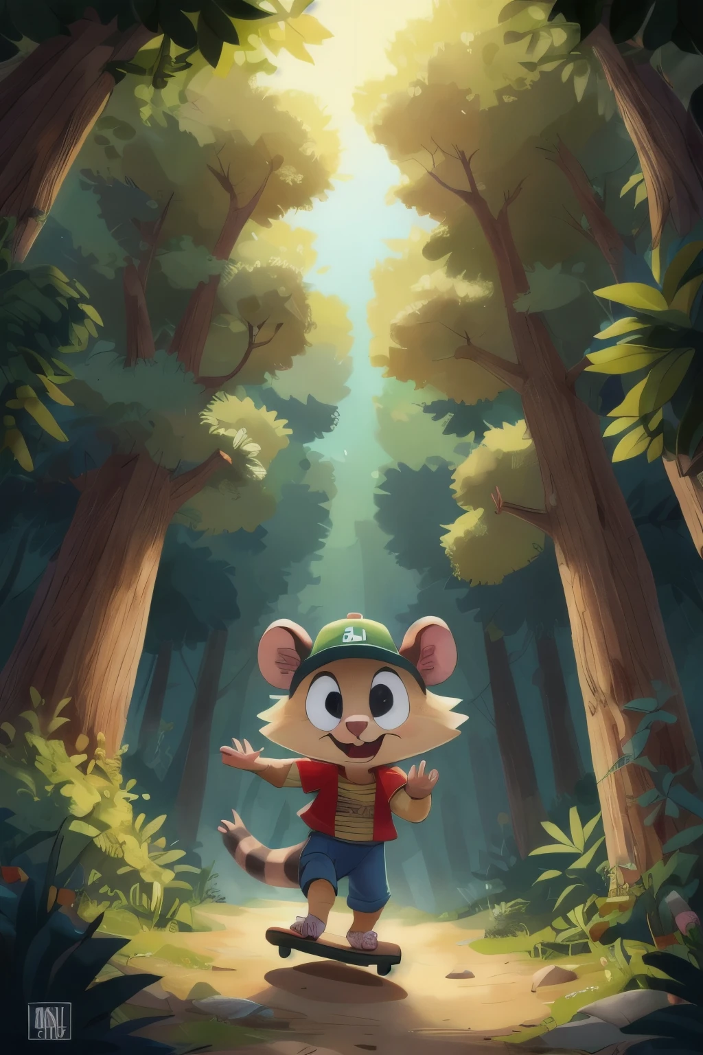 A series of three images showing a skateboarding opossum practicing in the forest. Na primeira imagem, she prepares to go down a steep hill, ajoelhada no skate e com os olhos focados. A segunda imagem mostra-a no meio do caminho, equilibrando-se habilmente e curtindo o passeio. A terceira imagem a captura aterrissando com sucesso no final da colina, com um sorriso triunfante no rosto. All images must show the possum wearing red 90s clothing and a baseball cap.