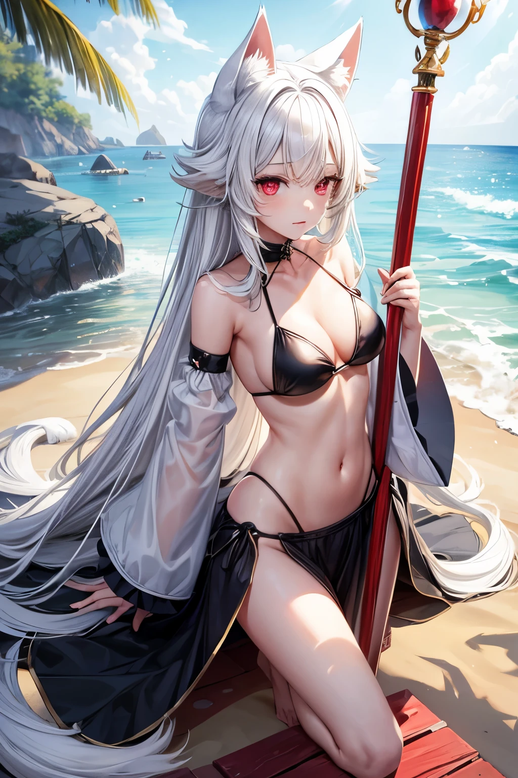 young woman ,height 155 centimeters ,breast size 2 ,ash white hair , fluffy ears with black tips ,white tail with black tip ,fox ,Someone ,cat , skirt ,stockings ,topic ,cat ears ,small ears ,Black Ear Tips,black tip of the tail , black ears ,черный foxий хвост ,skinny legs, Red eyes ,5 fingers on 1 hand , large magic staff, long magic staff,buyer ,Beach,bikini ,swimsuit