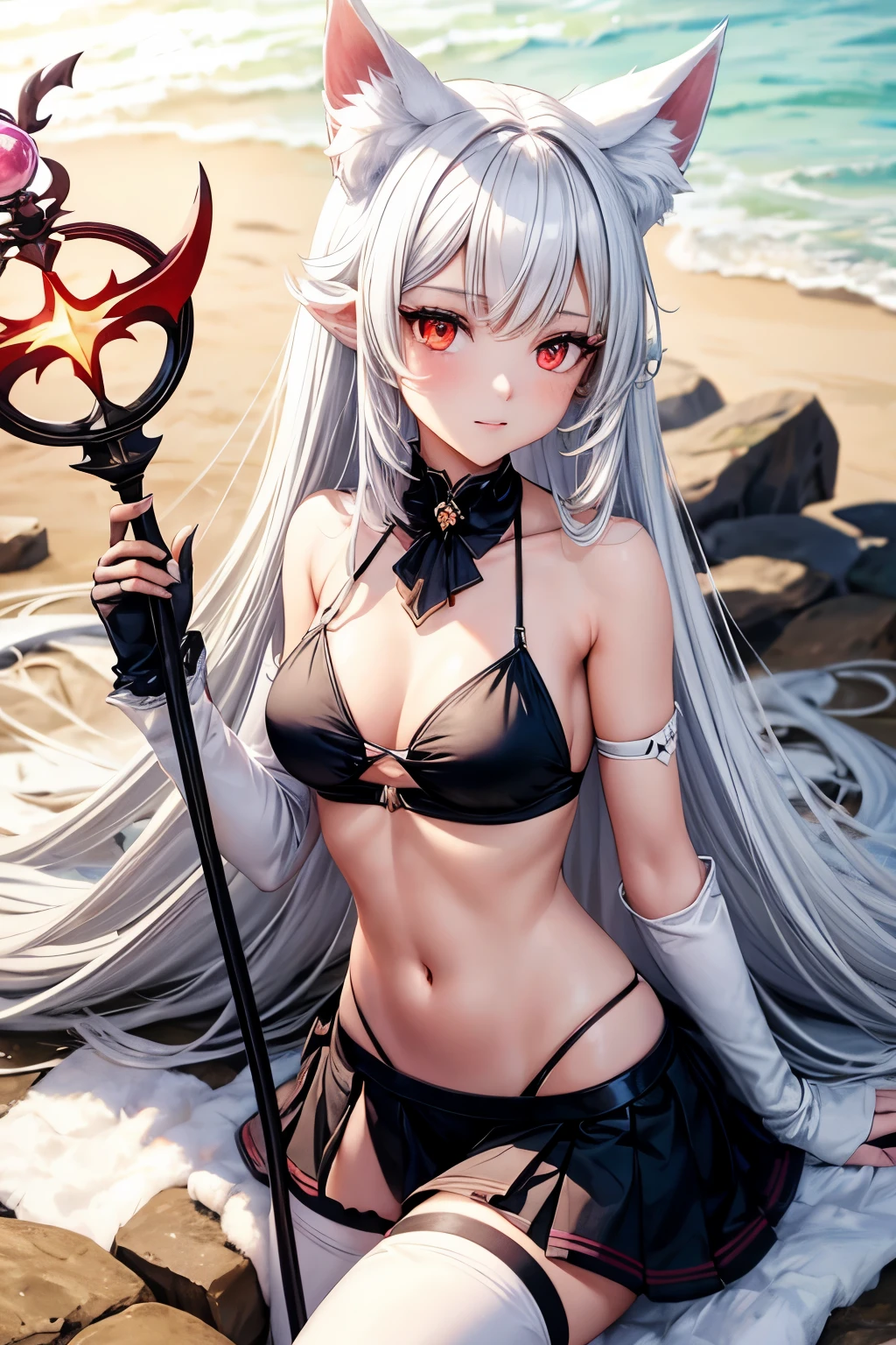 young woman ,height 155 centimeters ,breast size 2 ,ash white hair , fluffy ears with black tips ,white tail with black tip ,fox ,Someone ,cat , skirt ,stockings ,topic ,cat ears ,small ears ,Black Ear Tips,black tip of the tail , black ears ,черный foxий хвост ,skinny legs, Red eyes ,5 fingers on 1 hand , large magic staff, long magic staff,buyer ,Beach,bikini ,swimsuit