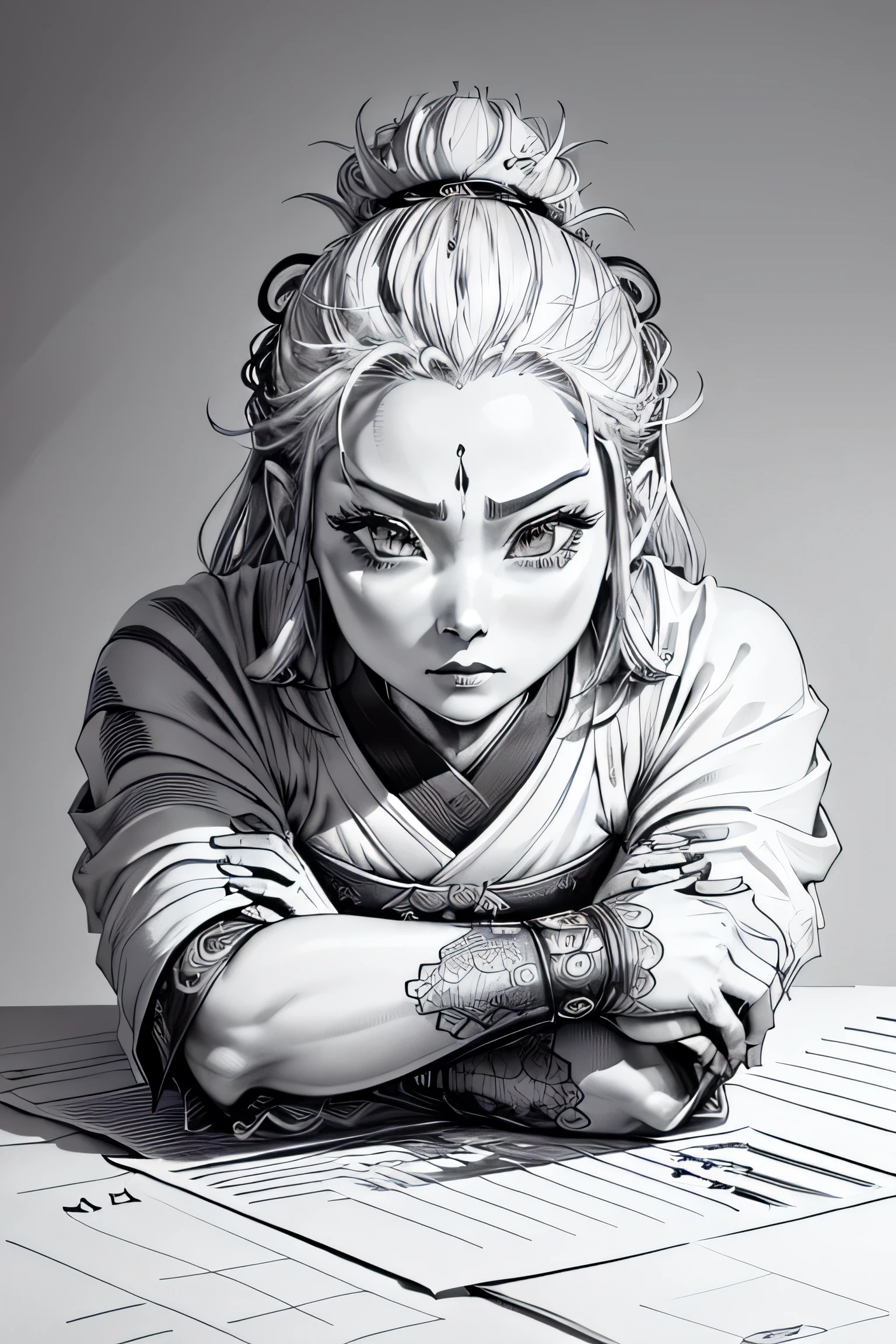 Animated monochrome drawing: ink sketches: samurai (best quality, 4k.8k, masterpiece: 1.2), ultra-detailed (realistic, photorealistic, photo-realistic: 1.37), sketches, clean lines, India ink, sketches, expressive lines, monochrome black and white, ceremony.