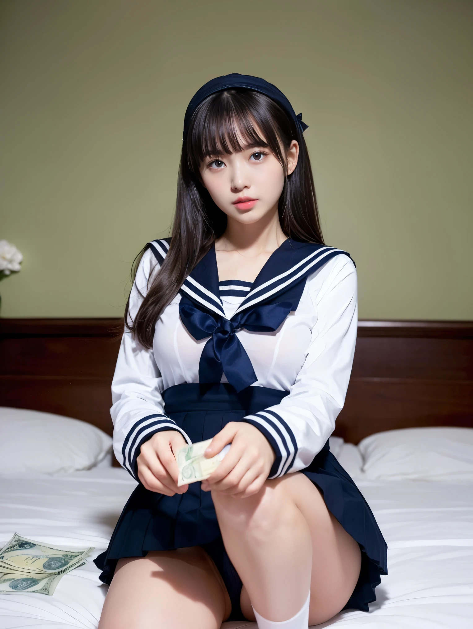 alone、high school girl、natural body shape、white skin、natural makeup、black hair、bangs、straight long hair、((high school uniform))(((Navy long-sleeved sailor suit、Red School Ribbon、navy pleated skirt、mini skirt)))、((big breasts))、、love hotel bedroom、((Sit with your knees apart))、on the bed、(Looking at the camera facing forward)、full body photo、Head-to-toe portrait、expose thighs、dark blue socks、(((Holding a banknote in one hand、money)))、(((pure white panties、Panty shot)))、panty shot