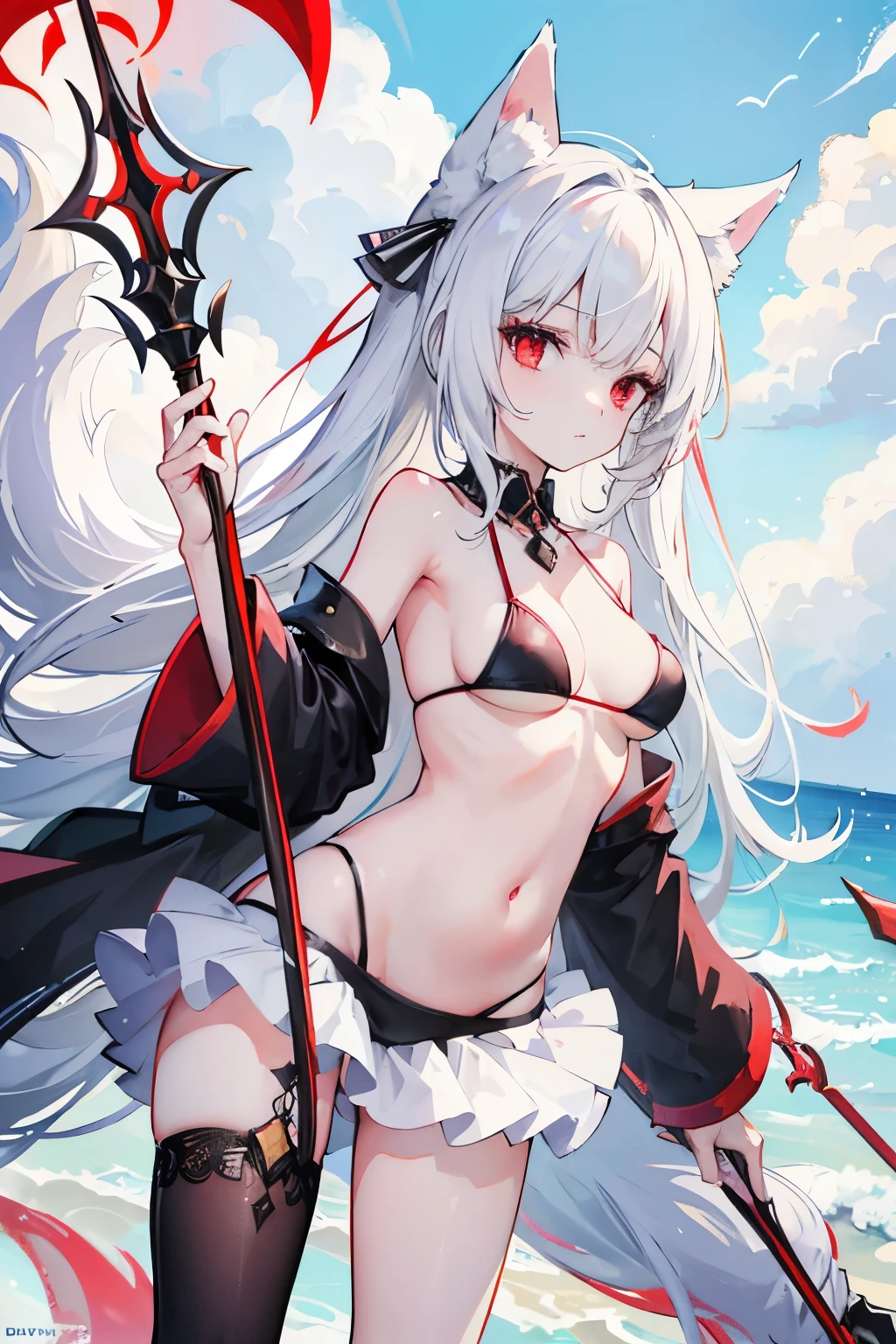 young woman ,height 155 centimeters ,breast size 2 ,ash white hair , fluffy ears with black tips ,white tail with black tip ,fox ,Someone ,cat , skirt ,stockings ,topic ,cat ears ,small ears ,Black Ear Tips,black tip of the tail , black ears ,черный foxий хвост ,skinny legs, Red eyes ,5 fingers on 1 hand , large magic staff, long magic staff,buyer ,Beach,bikini ,swimsuit