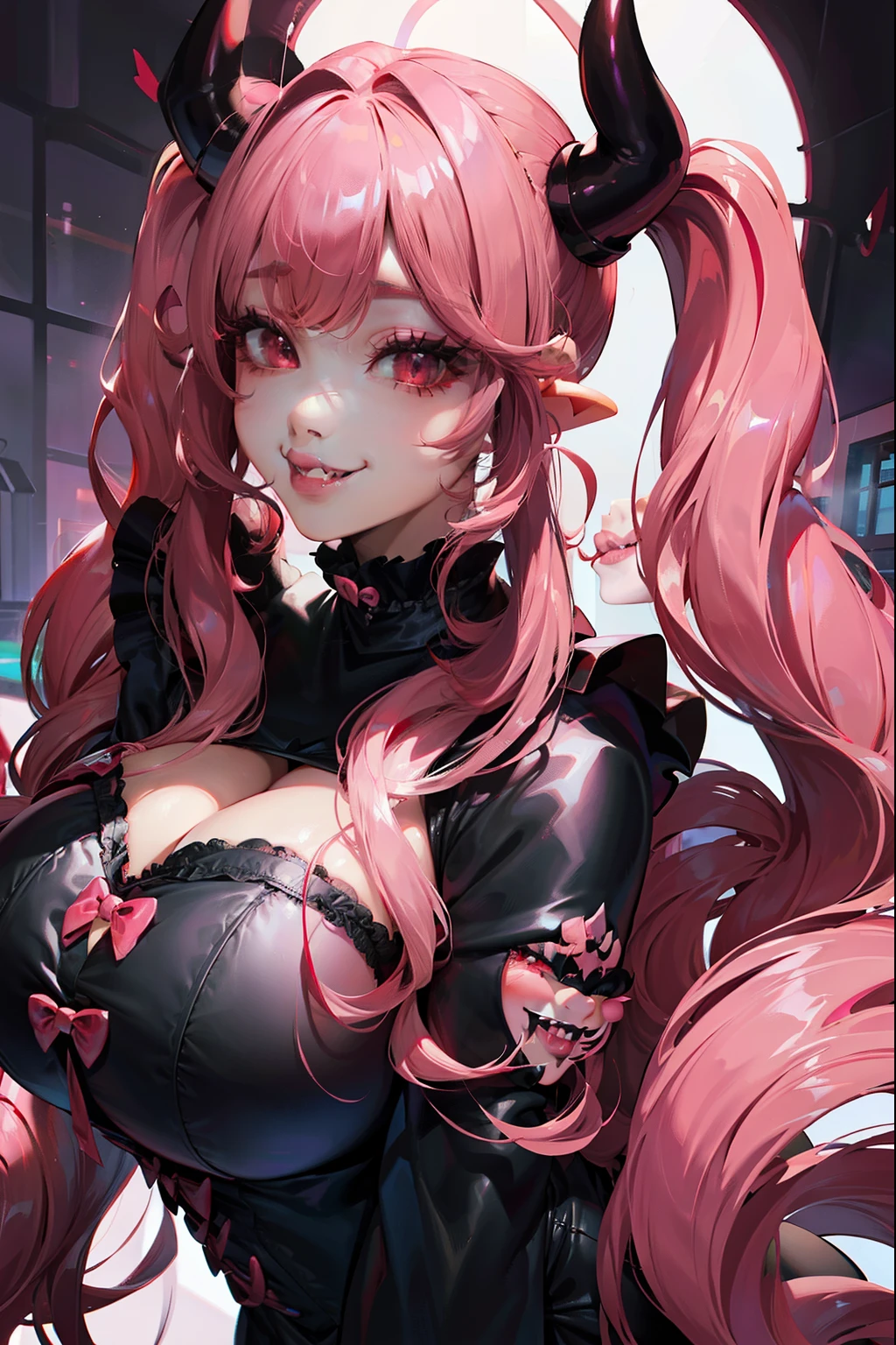  massive , big ass, juicy lips, big lips, massive lashes, long pink hair, twin tails, hair down, black horns, gothic clothes, fangs, smile, red eyes