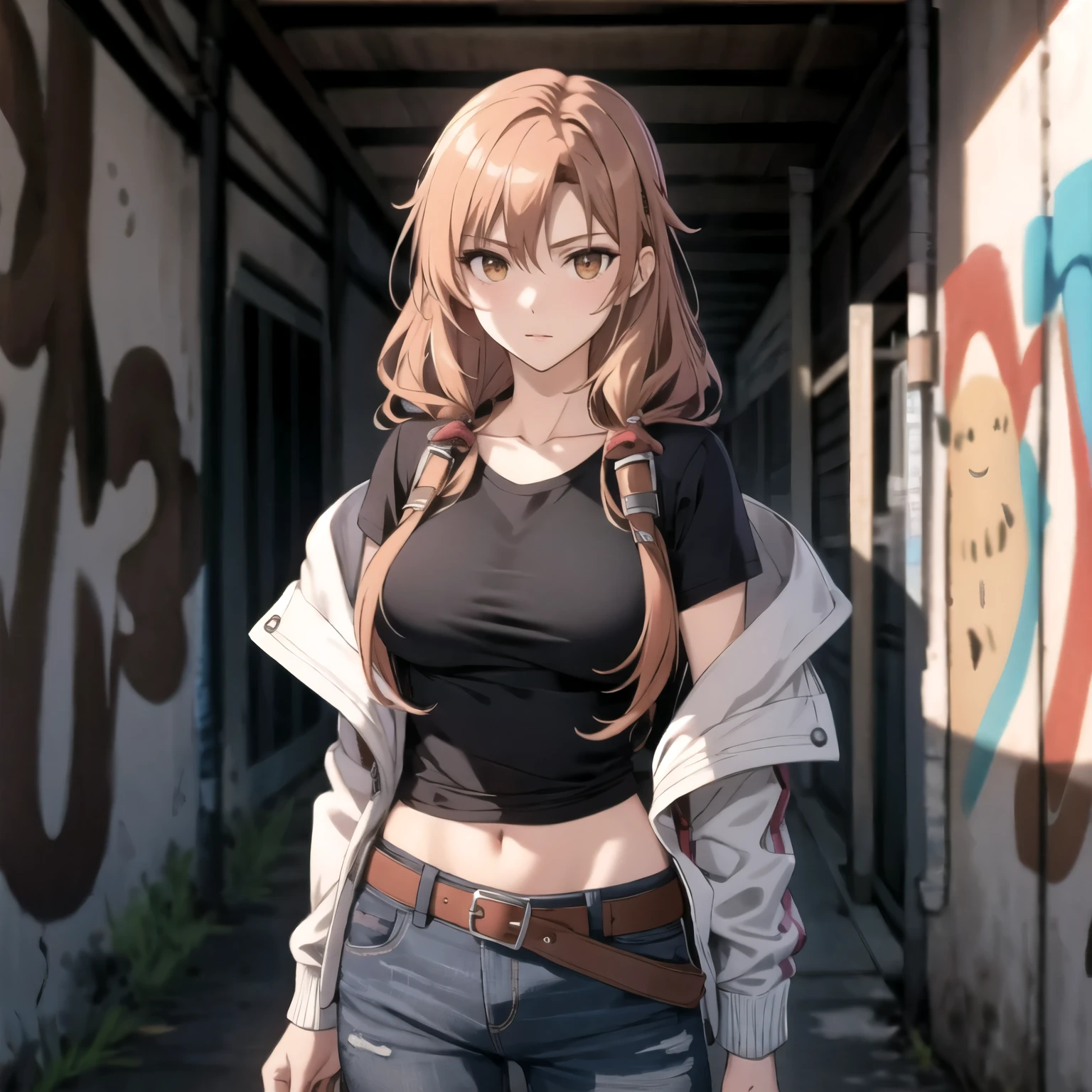 asuna. atractiva mujer., cabello naranja, ojos avellana, pechos grandes Chaqueta pop extragrande, Camiseta mini debajo del pecho, ombligo abierto, cintura delgada, Pantalones vaqueros de mezclilla, With buckled belt, In the graffiti alley, manos perfectas .