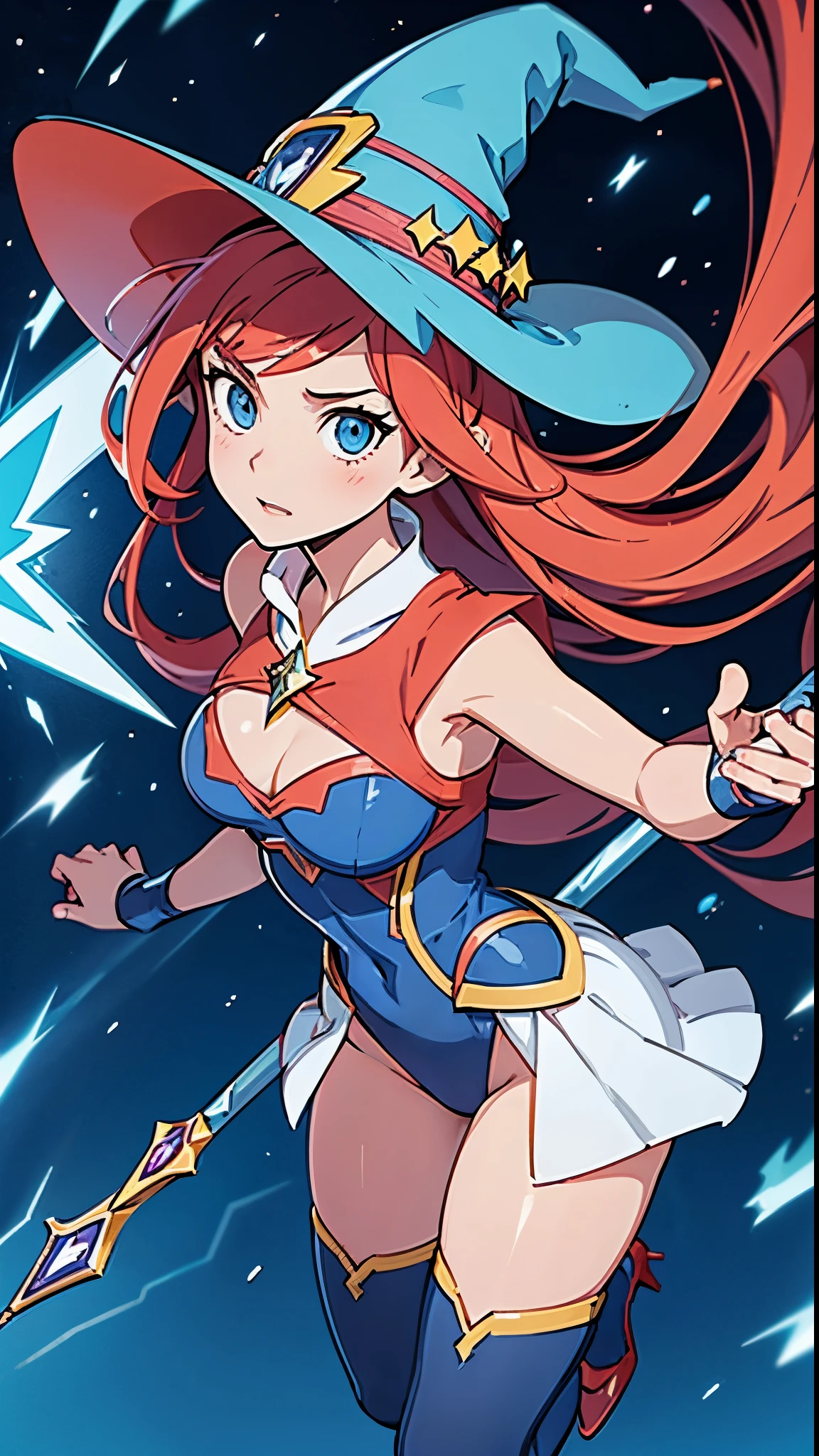 a cartoon of a woman dressed in a superhero costume holding a wand, witch academia, superhero sorceress witch, glamorous angewoman digimon, sky witch, by Aguri Uchida, maya ali as a lightning mage, leotard, blue leotard with white accents, bare legs, blue thigh-highs, red high heels, witch hat, red hair, long hair, blue eyes, ahoge, beautiful detailed eyes, beautiful detailed face, cute face, medium breasts, -18, solo, solo focus, wonder, full body portrait, cowboy shot